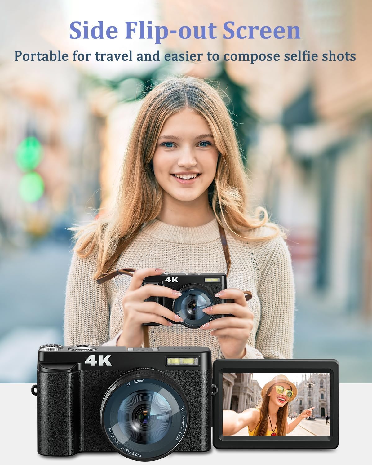 Cámara digital 4K con flash y selfie, cámara de 48 MP para fotografía con enfoque automático 16X Zoom, cámara de vlogging antivibración, cámaras