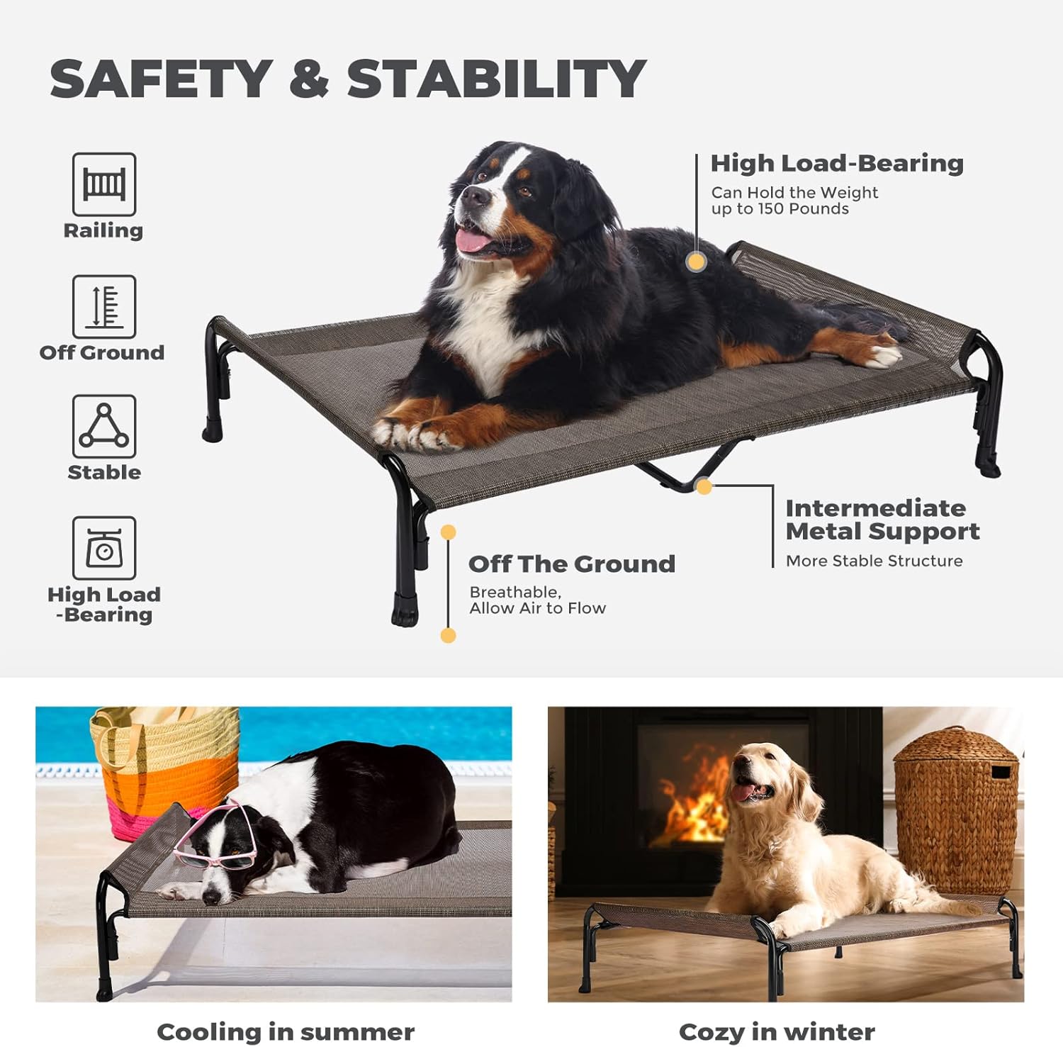 Veehoo CWC2204 – Cama elevada para perros grandes, cama elevada para mascotas con reposacabezas inclinado para interiores y exteriores, lavable,