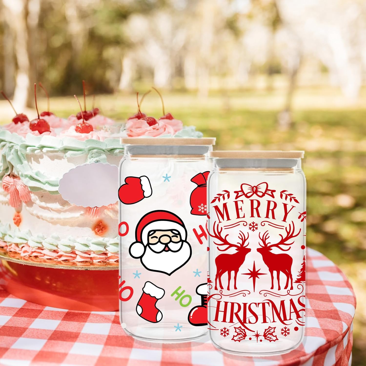 Envoltura de copa de Navidad UV DTF  Árbol de Navidad de pan de jengibre de Papá Noel impreso 16oz Libbey Glass Cup Wrap, listo para aplicar,