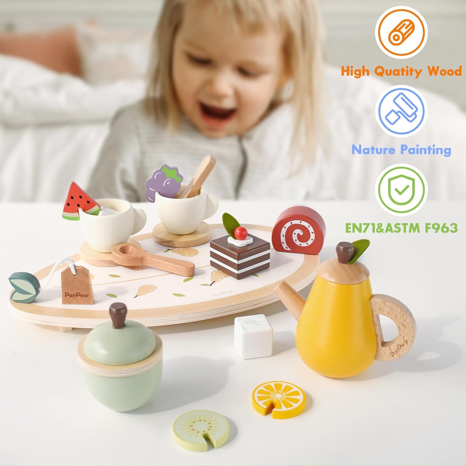 PairPear Juego de juguetes de madera para fiestas de té, juego de té para niñas pequeñas, accesorios de cocina para niños, juguetes de comida de