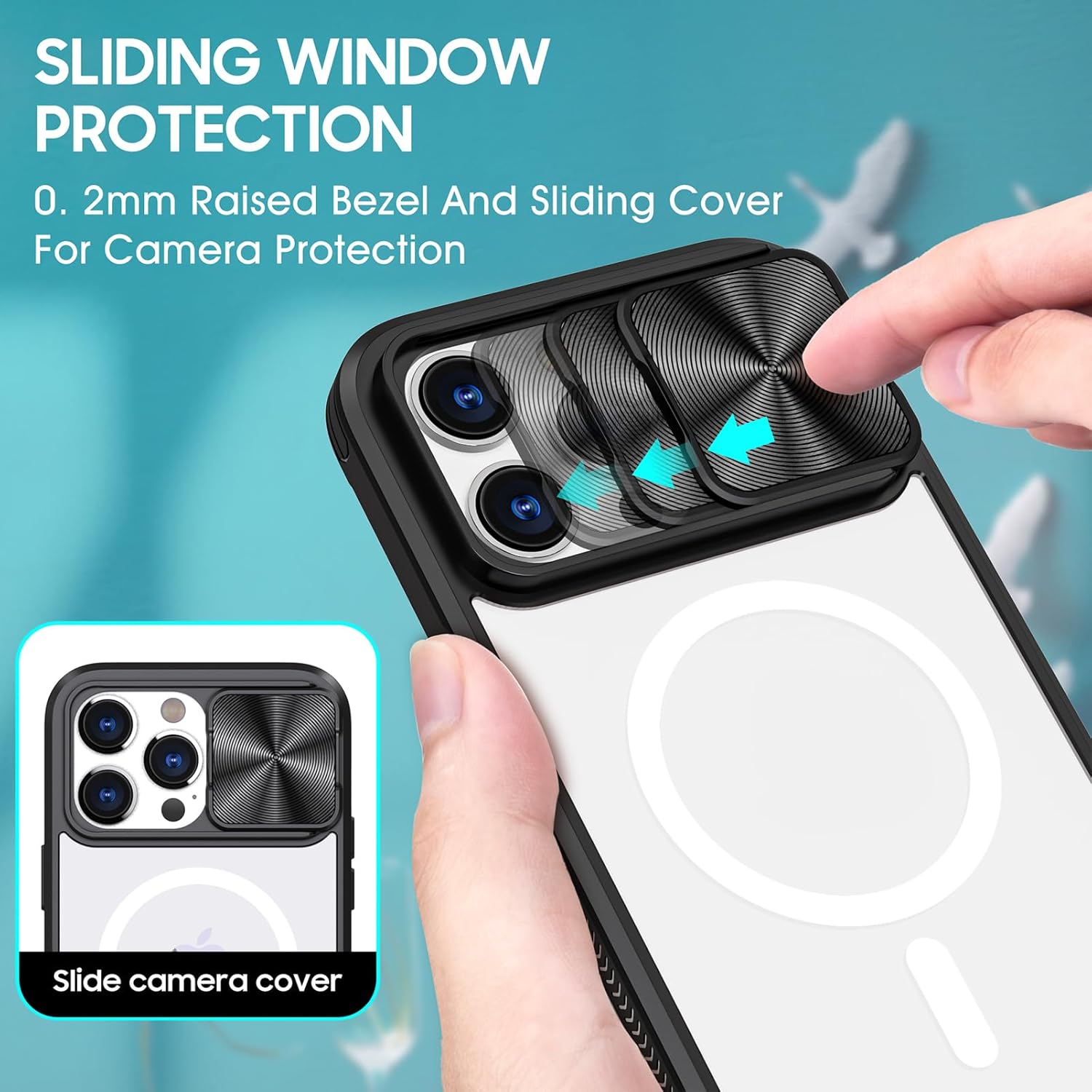 Tcaraersing Funda transparente para iPhone 15 Pro con cubierta de lente de cámara deslizante, compatible con MagSafe, antideslizante, delgada,