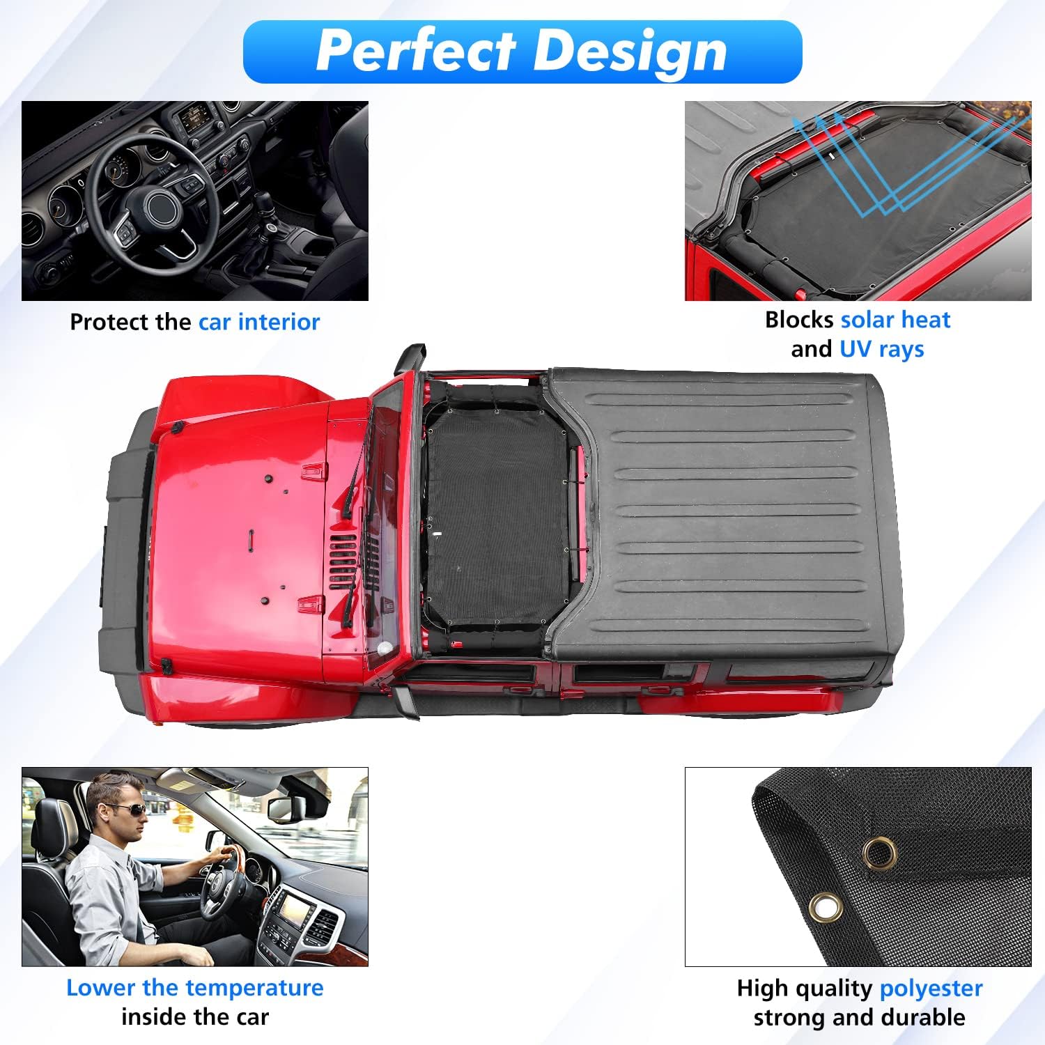 Parasol de malla frontal para Jeep Wrangler JK y Unlimited 2 puertas de 4 puertas, color negro