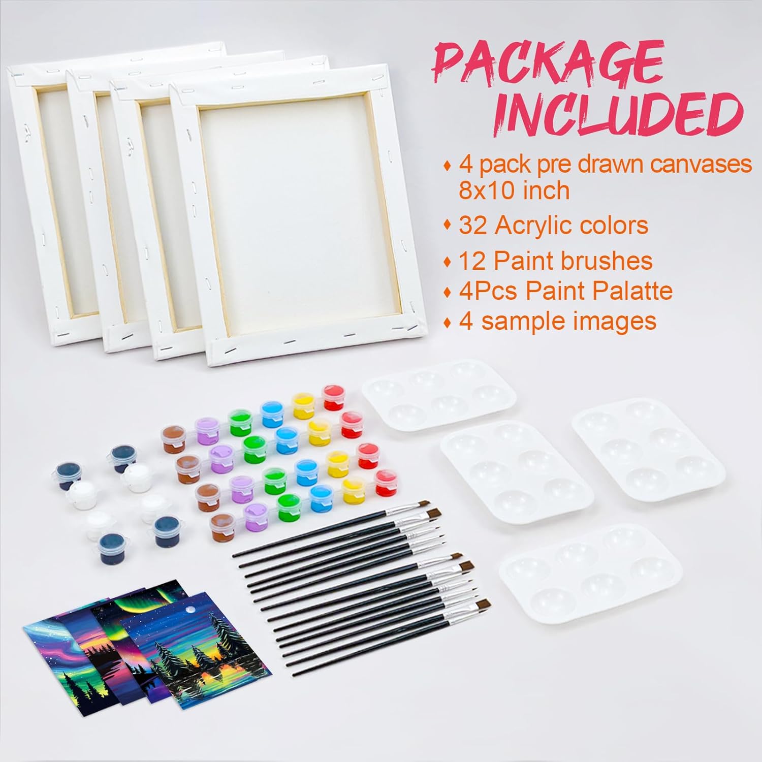 Paquete de 4 lienzos de 8 x 10 pulgadas, lienzos estirados predibujados para pintar para adultos y niños, juego de pintura para fiestas, contorno