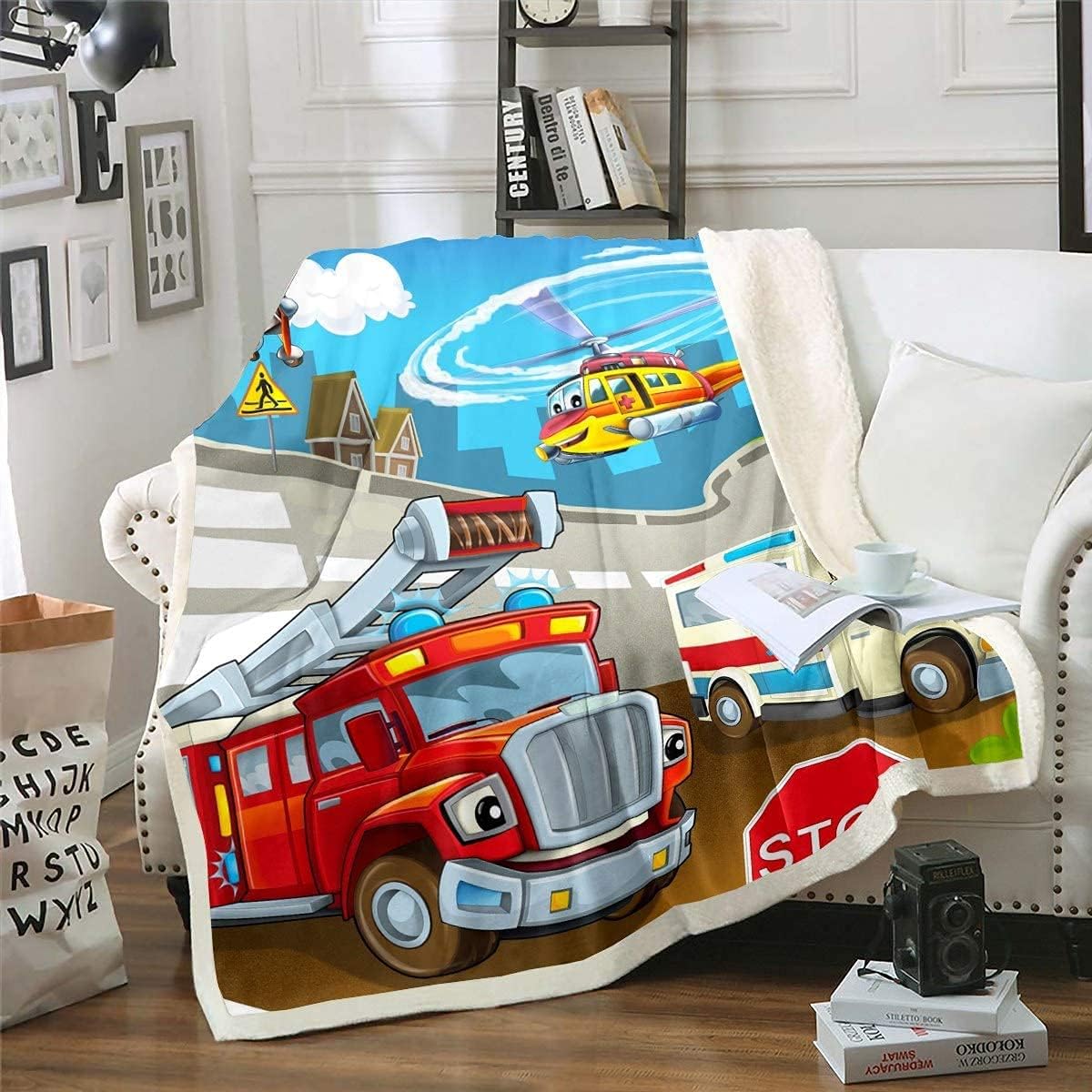 Feelyou Manta Sherpa de camión de bomberos para niños, manta de forro polar suave y esponjosa para niños pequeños, manta de felpa con coche de