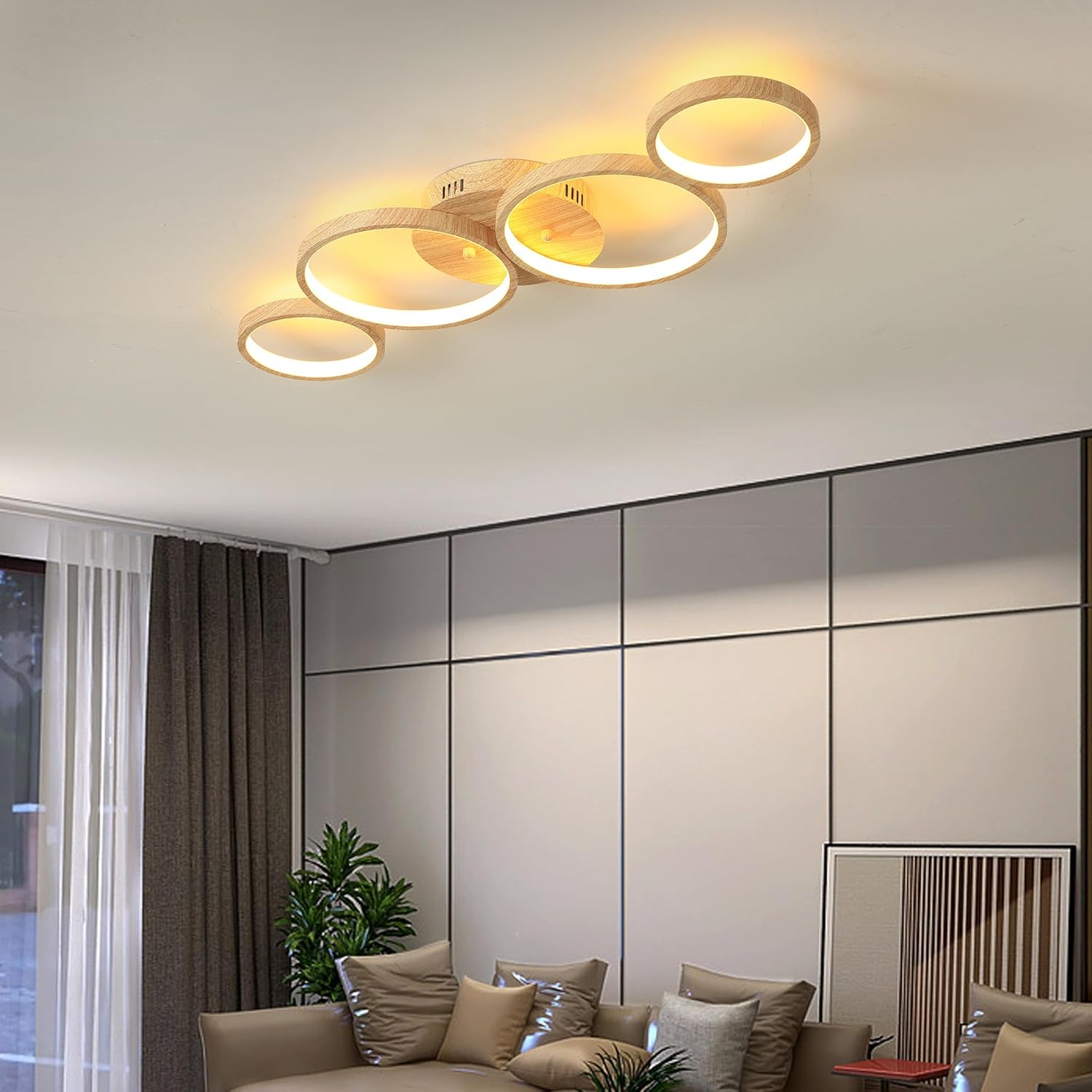 Lámpara de techo LED de madera, montaje empotrado, 48 W, 3840 lm, 4 anillos, lámpara de techo para sala de estar, dormitorio, comedor, 3 colores, L