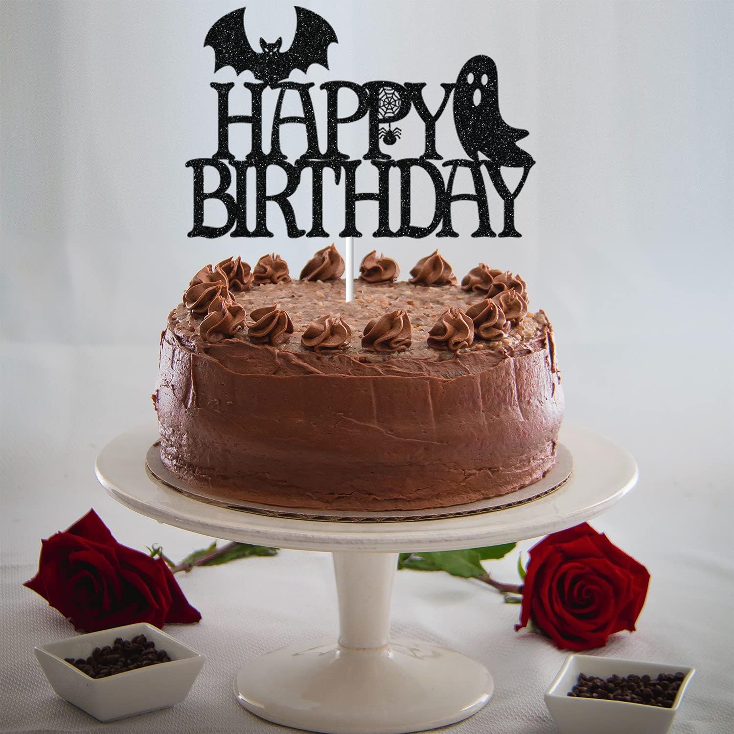 CAVLA Decoración negra con purpurina para tarta de cumpleaños de Halloween con decoración de pastel de cumpleaños de Halloween con murciélago,