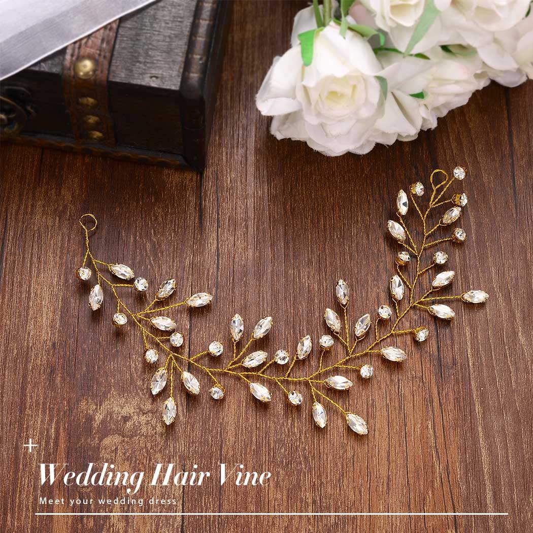 JAKAWIN Novia Rhinestone boda pelo vid cristal pelo pieza nupcial accesorios para el cabello para mujeres HV191 (3 dorado)