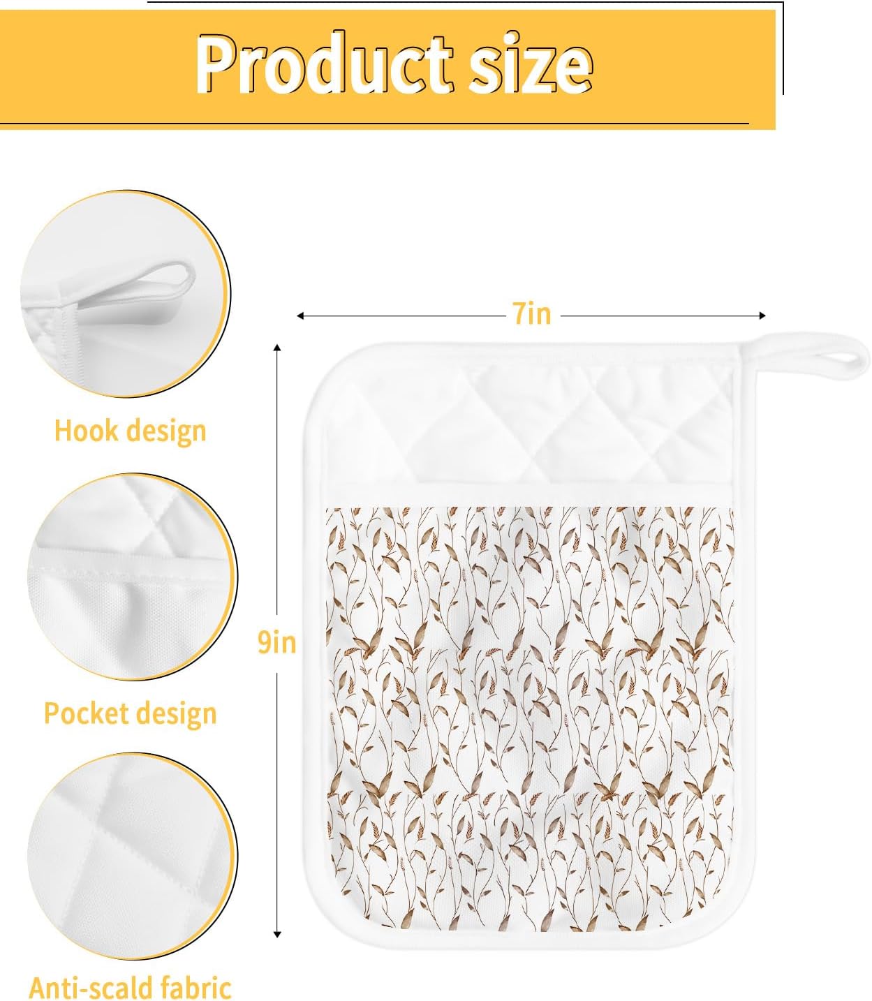 Juego de 4 agarraderas de trigo otoñal para cocina, antideslizantes y aislantes de calor, juego de agarraderas de tela de toalla con bolsillo,