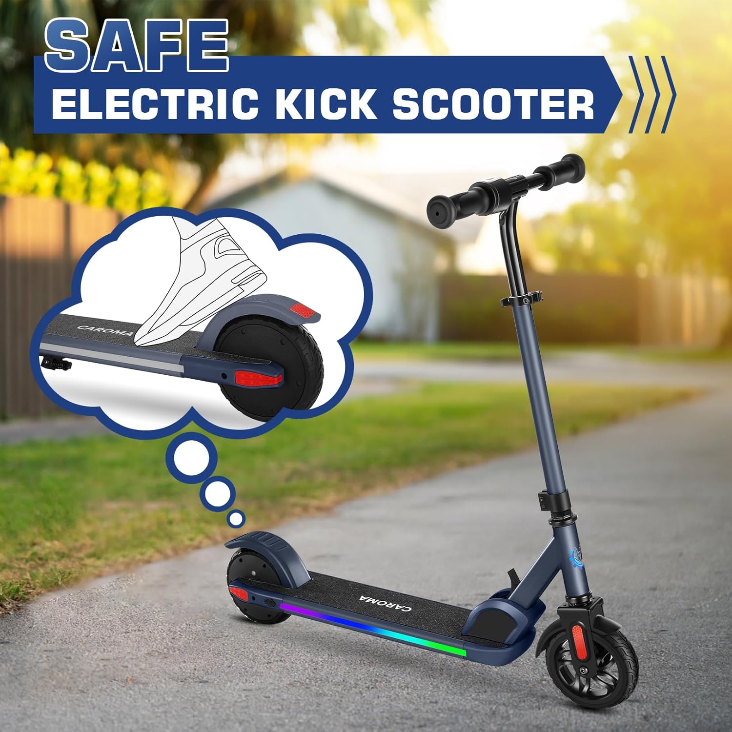 Caroma Scooter eléctrico para niños de 6 a 14 años, motor de 120 W150 W, 10 mph, 80 minutos de tiempo de conducción, velocidad y altura ajustables,