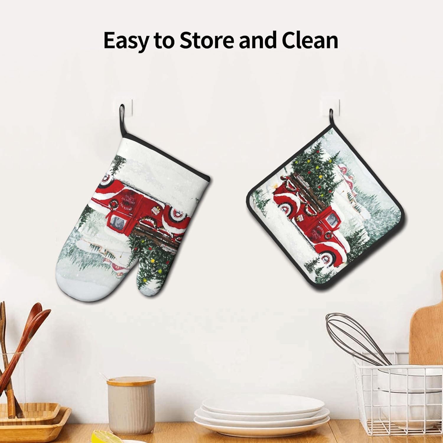 Juego de manoplas de horno de camión rojo de Navidad, antideslizantes, resistentes al calor, guantes de cocina lavables para horno de cocina, para