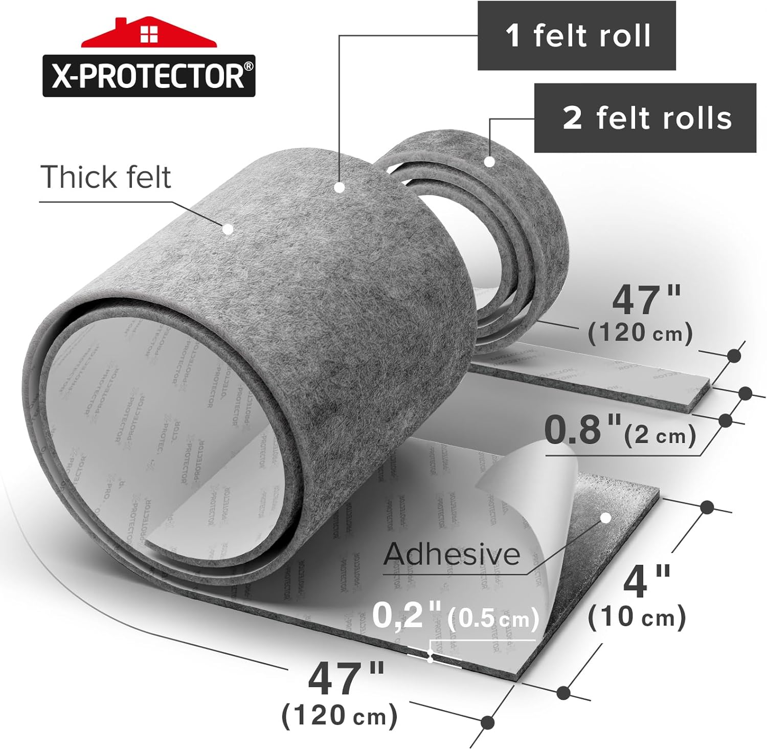 X-Protector Almohadillas de fieltro para muebles, 3 piezas, (1) 47 x 4 pulgadas + (2) 47 pulgadas x 0.8 pulgadas, cinta de fieltro gris, tiras de