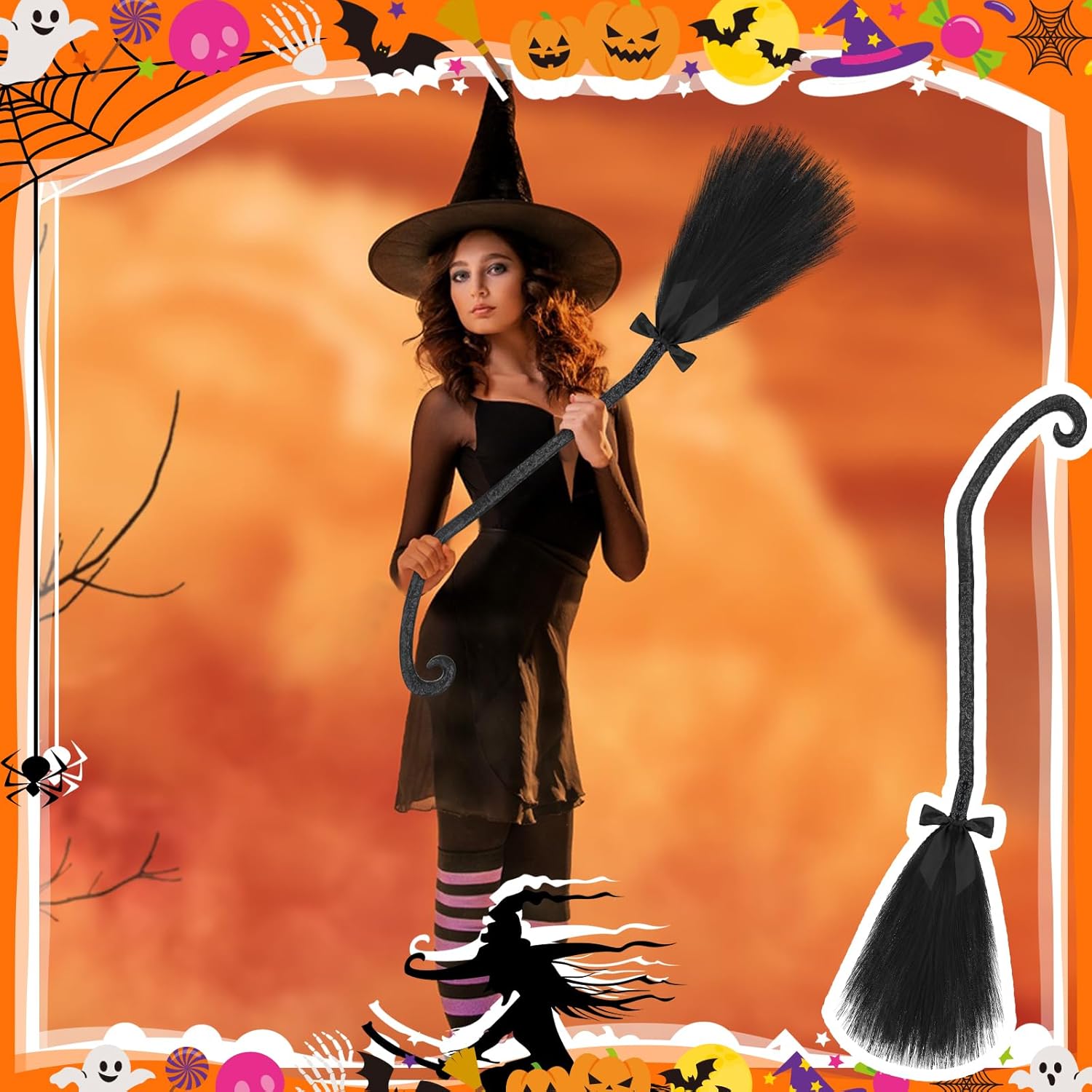 Escoba de bruja de Halloween, escoba de bruja de Halloween con cintas, accesorios de bruja de mago, decoración de bruja, disfraz de bruja, escoba
