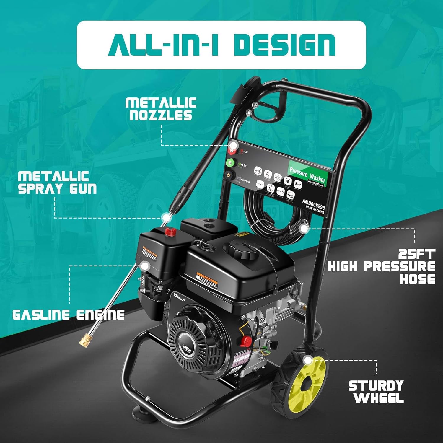 Homdox Lavadora a presión de gas 4000PSI 2.6GPM Lavadora a gas 208CC Lavadora eléctrica a gas con manguera de 25 pies, lavadora a presión de