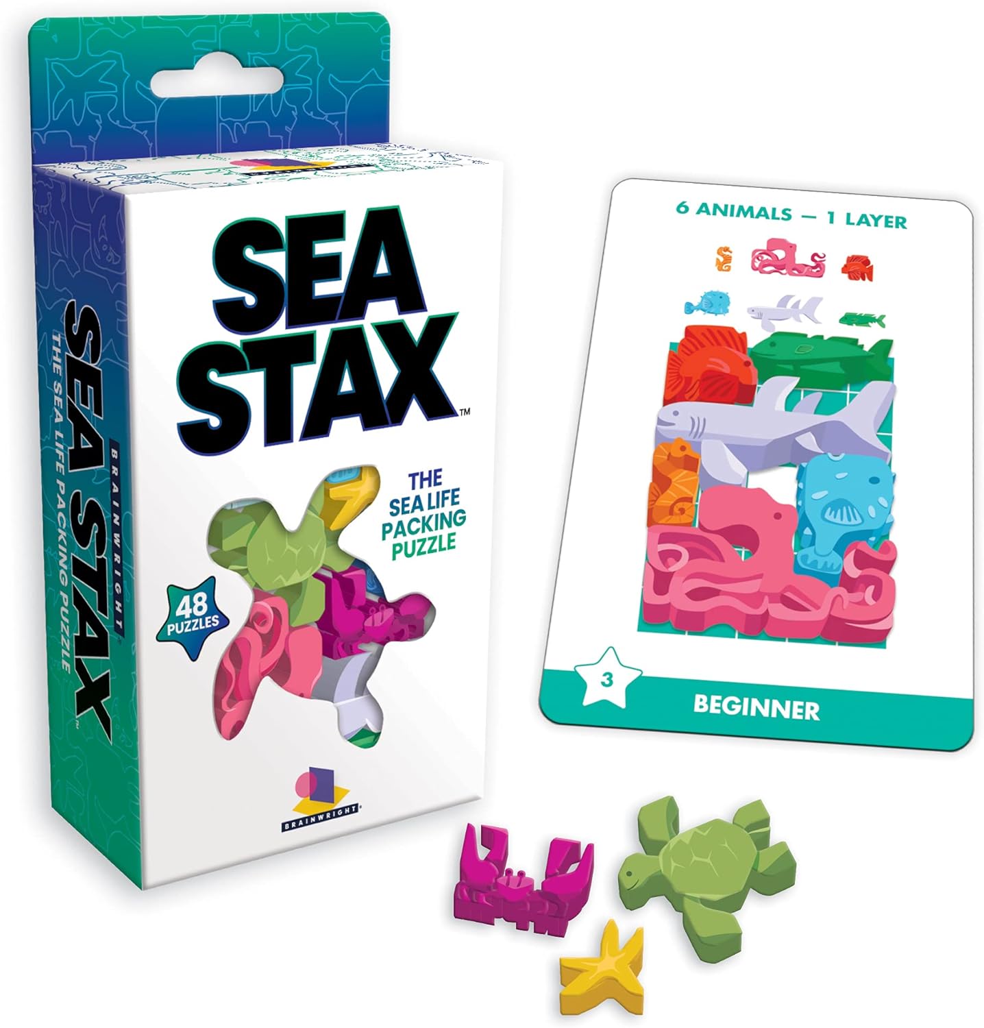 Brainwright – Sea STAX – El juego de embalaje de rompecabezas de patrón en forma de criatura del mar profundo, juguete de rompecabezas multicolor,