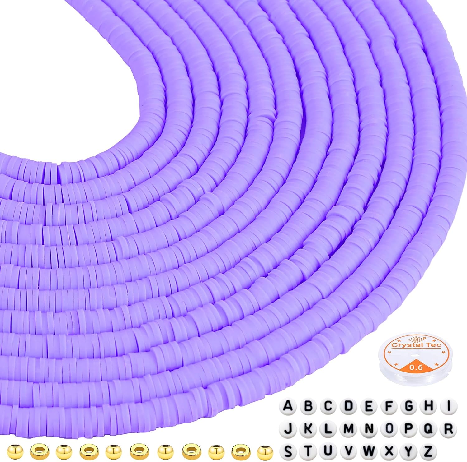 Gushu Kit de 5000 cuentas de arcilla morada, cuentas Heishi planas redondas de arcilla polimérica de 0.236 pulgadas con cuentas doradas, cuentas de