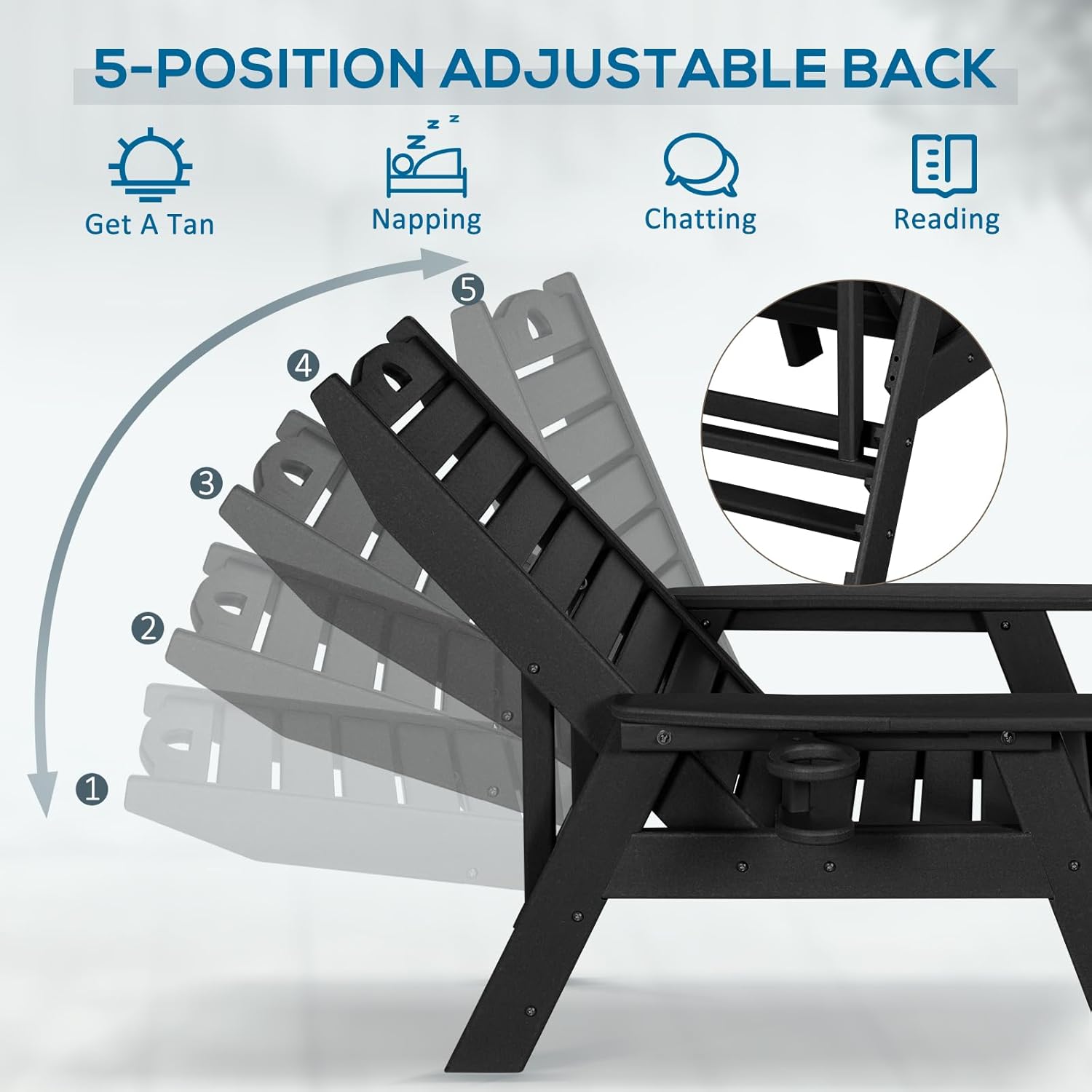 nalone Chaise Lounge para exteriores con respaldo ajustable de 5 posiciones, silla de descanso de polietileno de alta densidad para soportar
