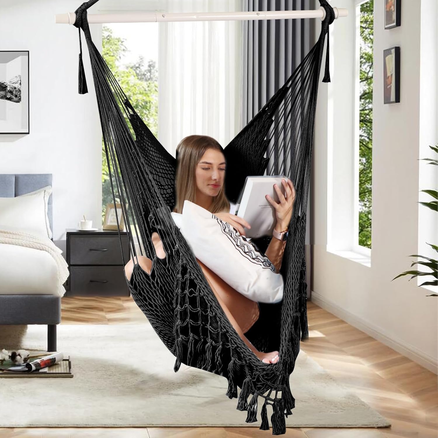 Chihee Silla de hamaca súper grande, silla colgante de cuerda de algodón hilado suave, plegable y resistente, barra esparcidora de metal resistente,