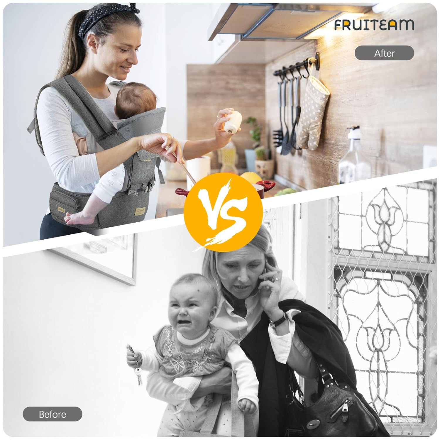 FRUITEAM – Portabebés certificado de seguridad con asiento a la cadera – Portabebés para todas las posiciones – Portabebés delantero y trasero para