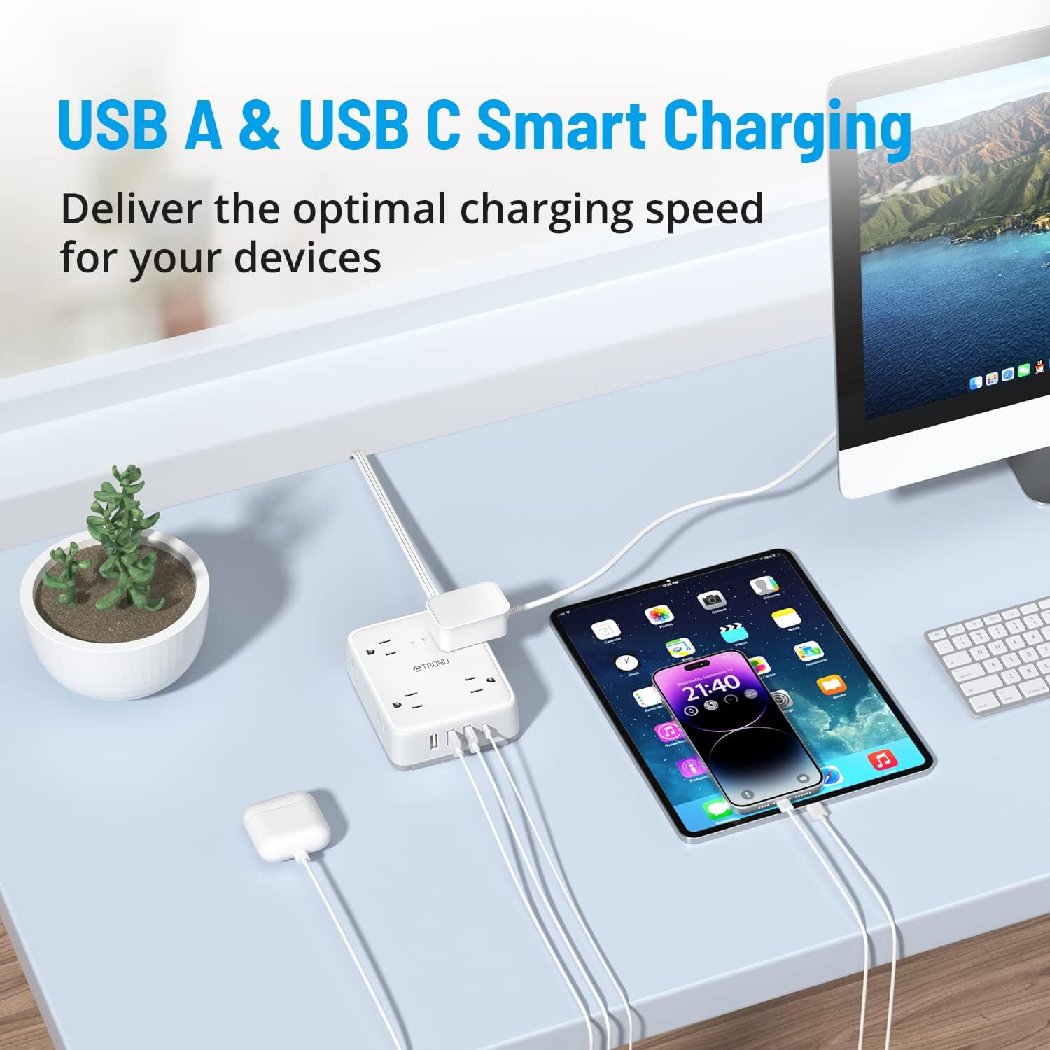 TROND Regleta protectora de sobretensiones con USB, enchufe plano ultrafino, cable de extensión de 5 pies de 1625 W, 3 USB A y 1 USB C, 8 salidas AC
