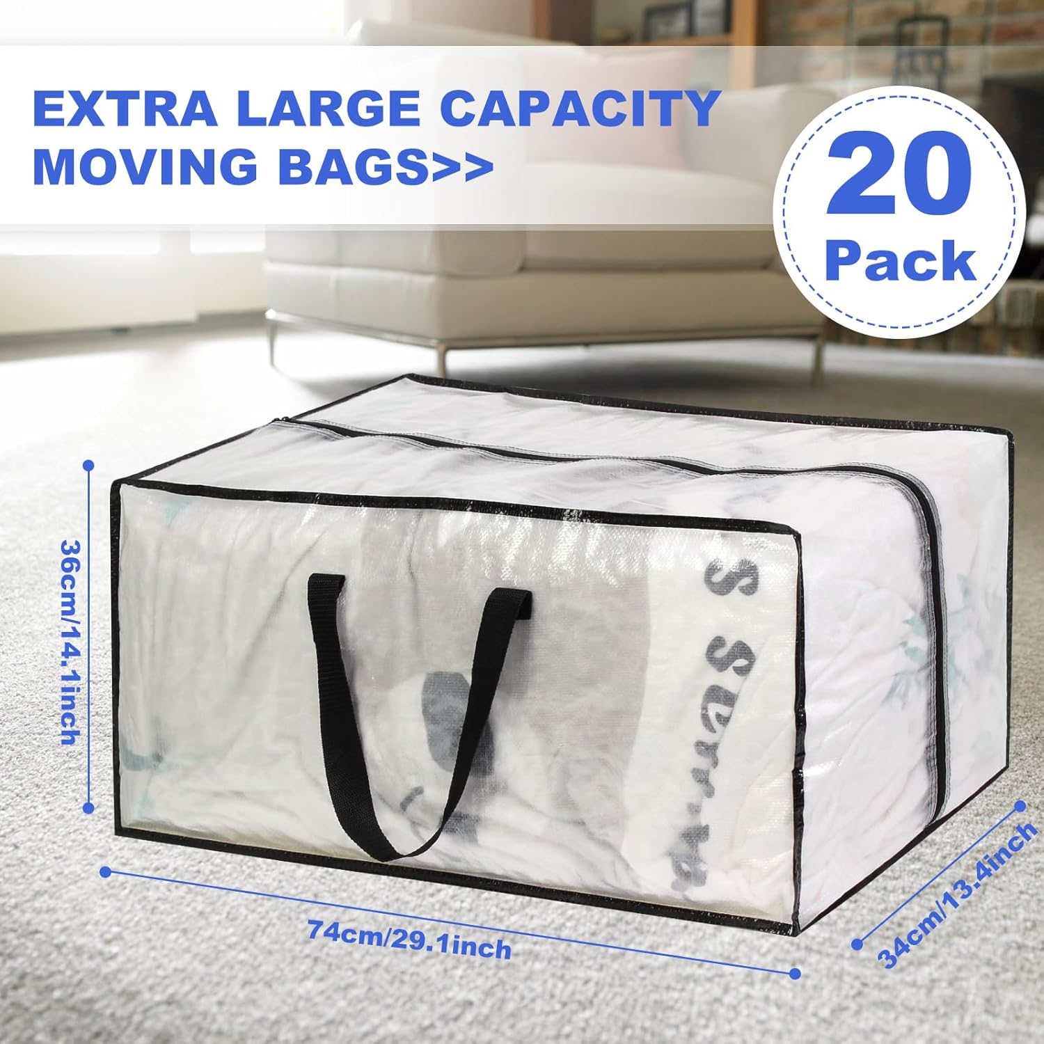 Bolsas de mudanza transparentes  Paquete de 20 bolsas de almacenamiento extra grandes y resistentes con cremallera y asas de refuerzo  29 x 14 x 13