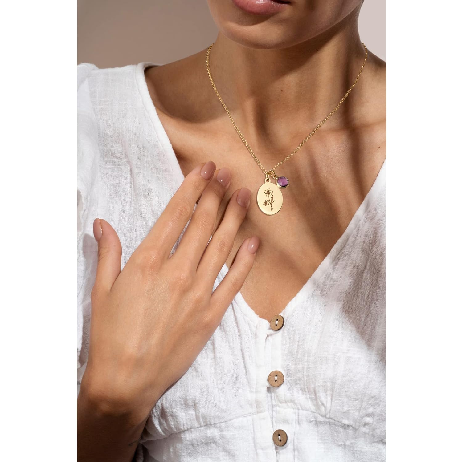 Birth Flower Necklaces for Women Trendy, 18K Gold Plated Dainty Birthstone Pendant Necklace Handmade Oval Coin Birthday Gifts for Women Girls Teens