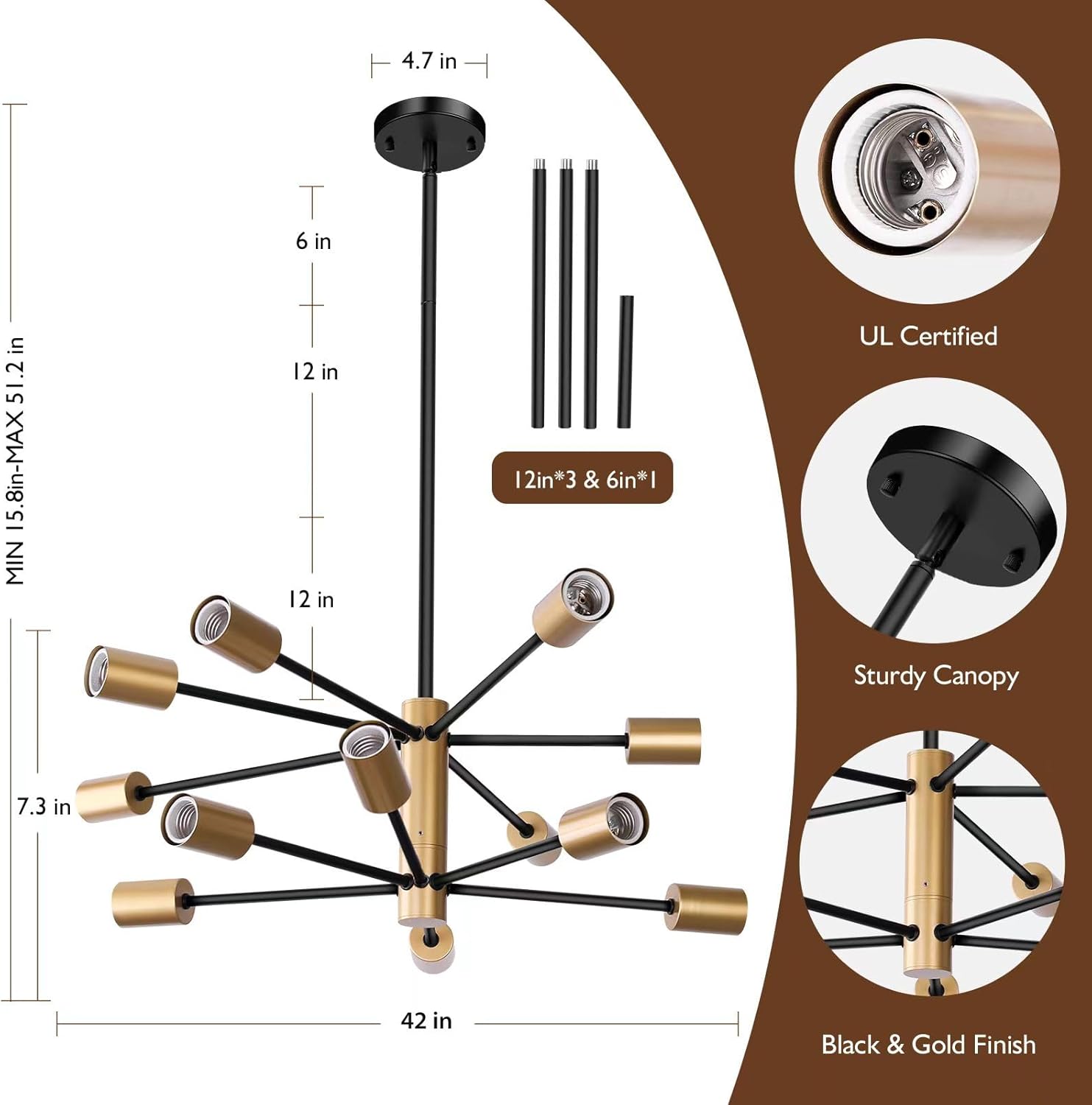 Candelabro Sputnik de 12 luces, lámparas colgantes negras y doradas, moderna lámpara de comedor de granja de latón de mediados de siglo, altura