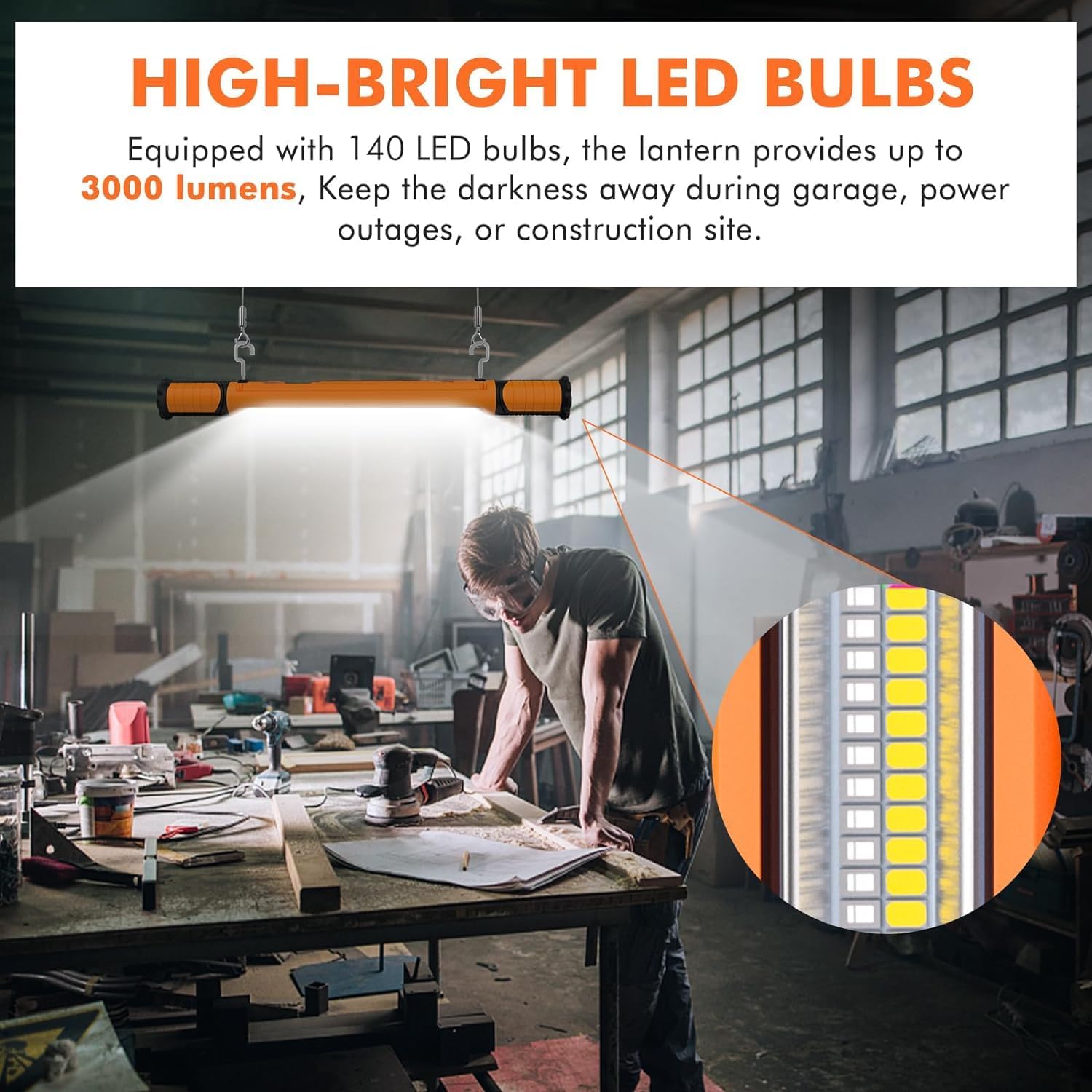 MEIHUA Luces de trabajo magnéticas para debajo del capó, 3000 lúmenes, barra de luz LED recargable con ganchos, IP65 portátil, luces estroboscópicas