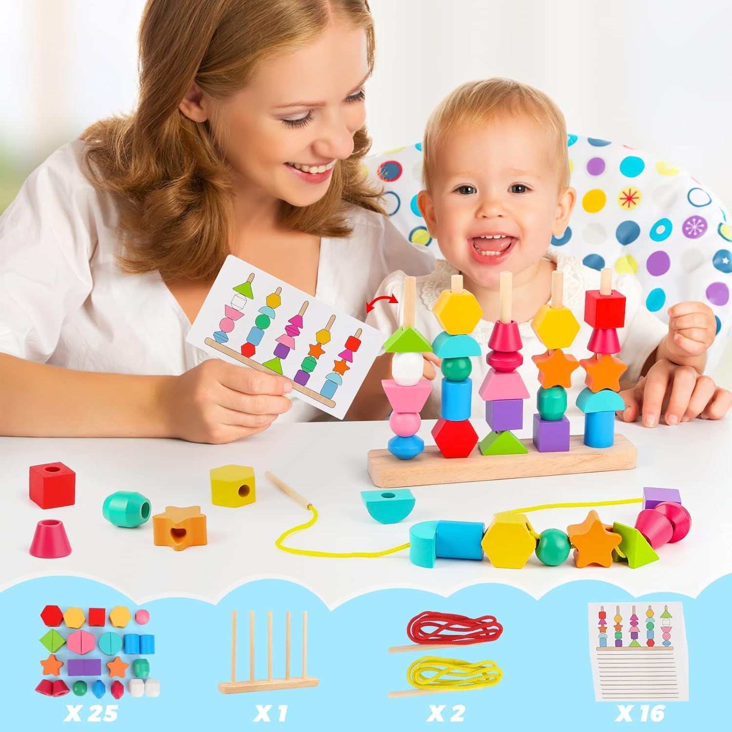 Educational Montessori Toy Set – Wooden Beads Sequencing, Stacking Blocks, Lacing Beads & Shape Stacker – STEM Learning for 3 4 5 Year Olds for Kids!