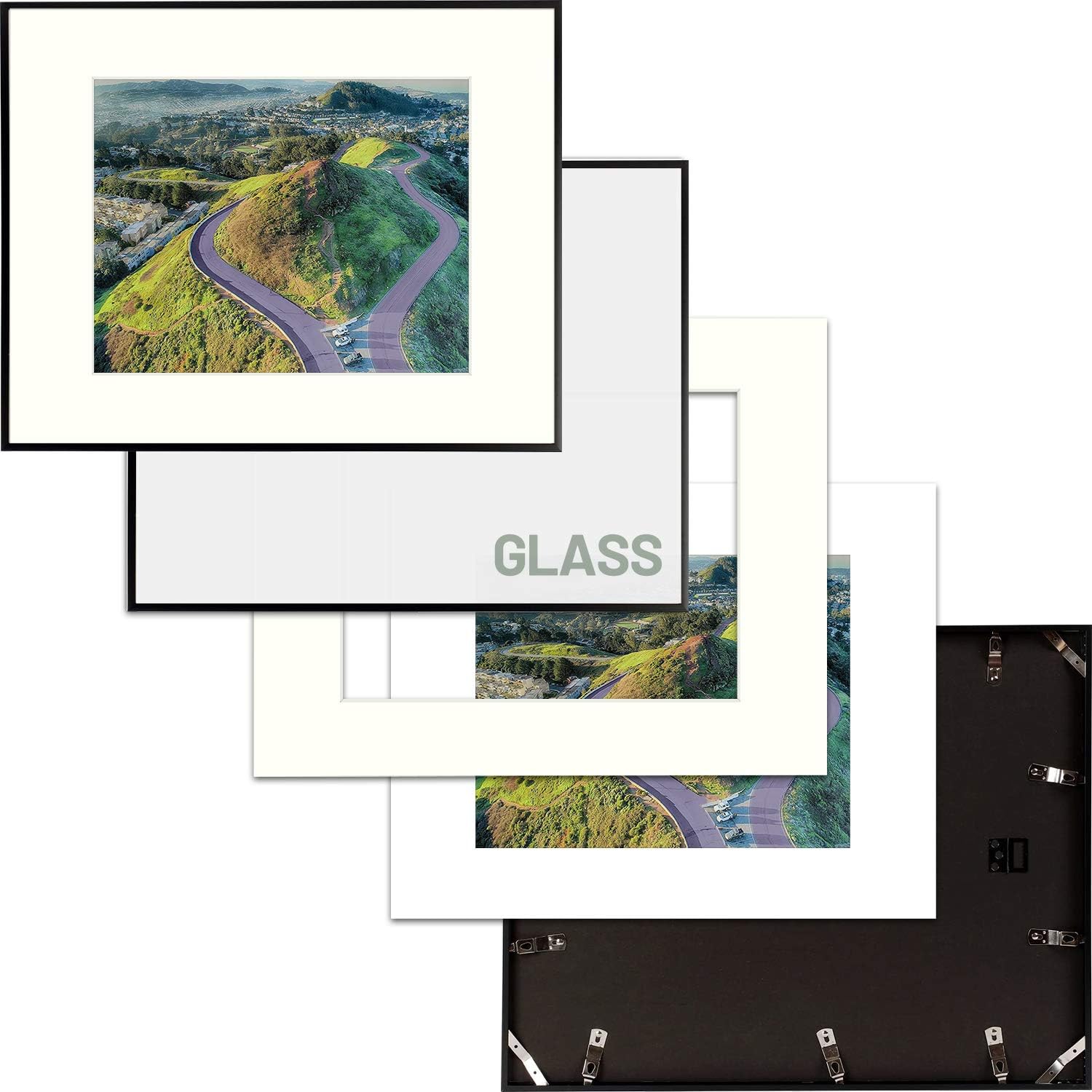 Frametory, marco de fotos metálico moderno, marco de fotos de aluminio color negro mate con tapete color marfil para imagen y vidrio real.,