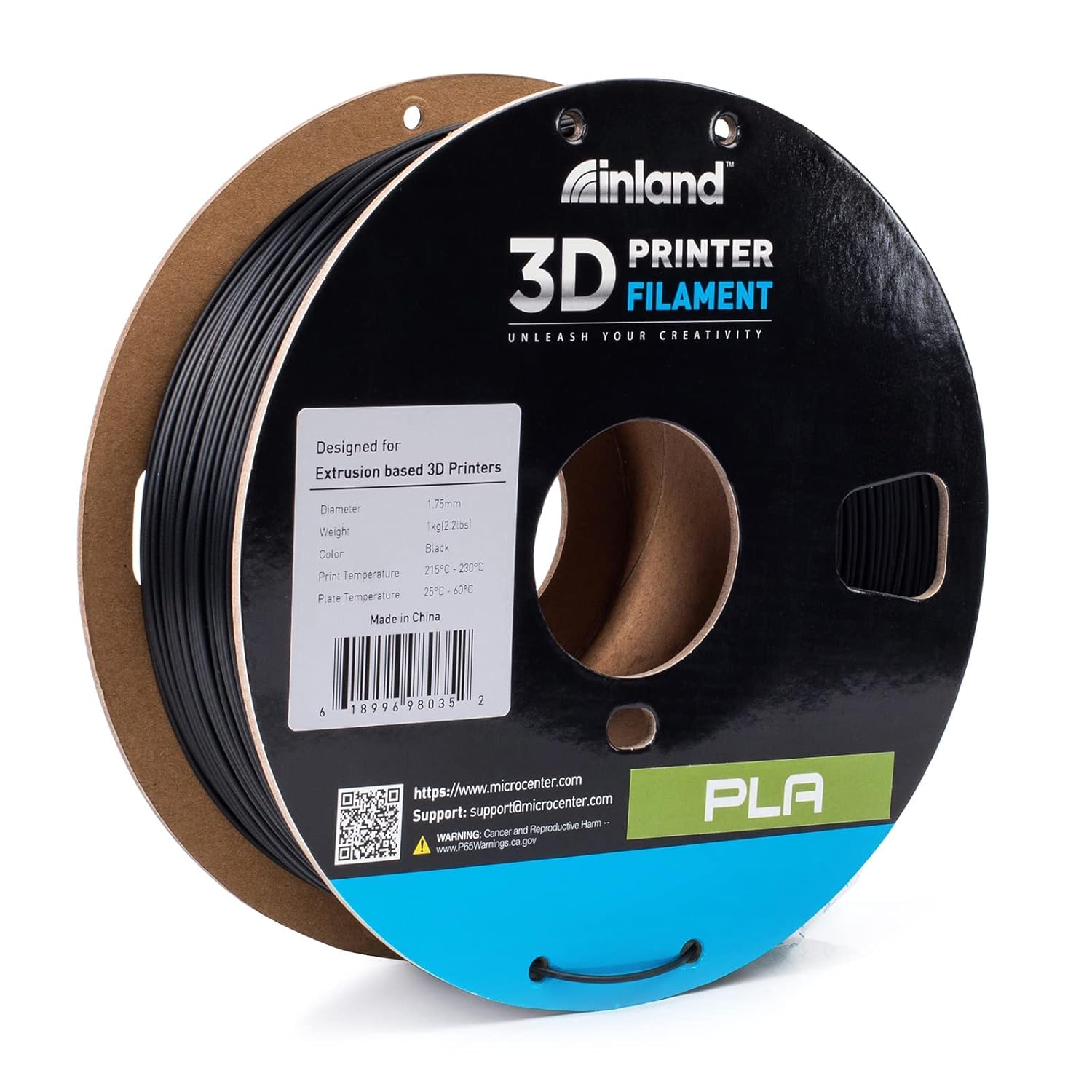 Inalnd – Filamento de PLA para impresora 3D, carrete de 2.2 libras (1 kg), Negro