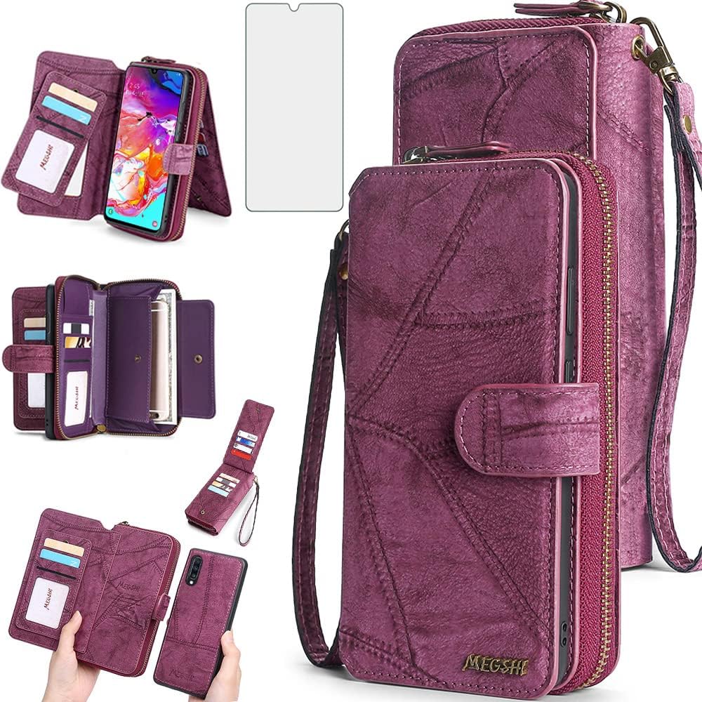 Asuwish Funda de teléfono para Samsung Galaxy A70 con cremallera, funda desmontable con protector de pantalla y soporte de cuero para tarjetas,
