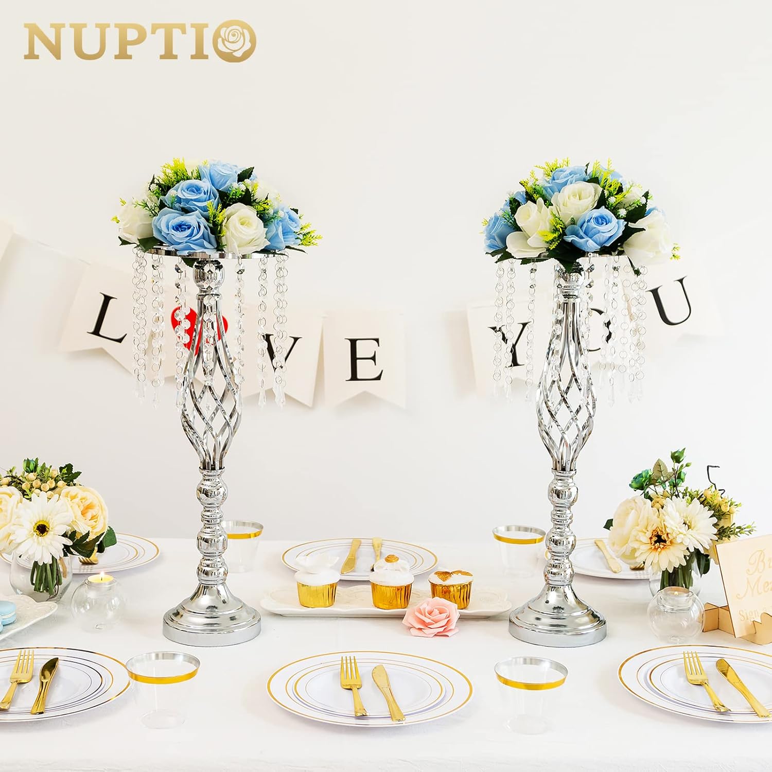 Nuptio 2 piezas de centro de mesa de boda plateadas, 21.7 pulgadas21.7 in de altura, jarrones de flores artificiales de cristal para bodas, fiestas,