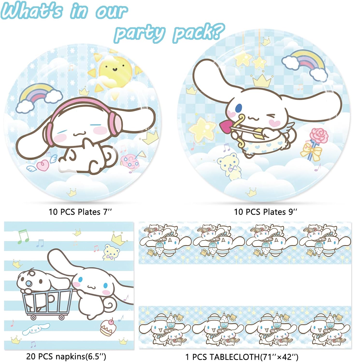 Cinnamoroll – Decoraciones de cumpleaños, 20 platos, 20 servilletas y 1 mantel para niños y niñas, suministros de fiesta