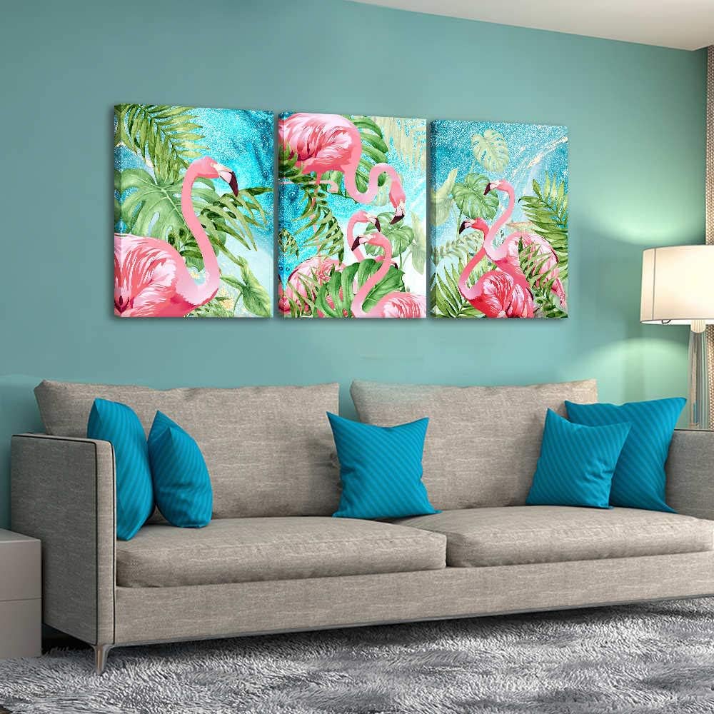 RUISHI Lienzo decorativo para pared, 3 piezas, flamenco, decoración bohemia para dormitorio, imagen de animales, palmera, plantas tropicales,