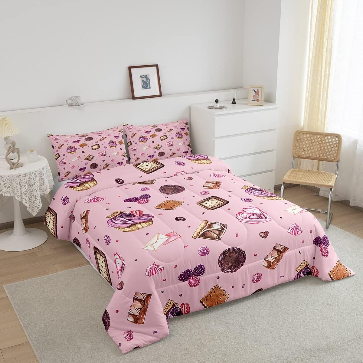Juego de edredón de postre para niñas, tamaño Queen, juego de ropa de cama gourmet de pastel de galletas, 3 piezas para adolescentes, niños y