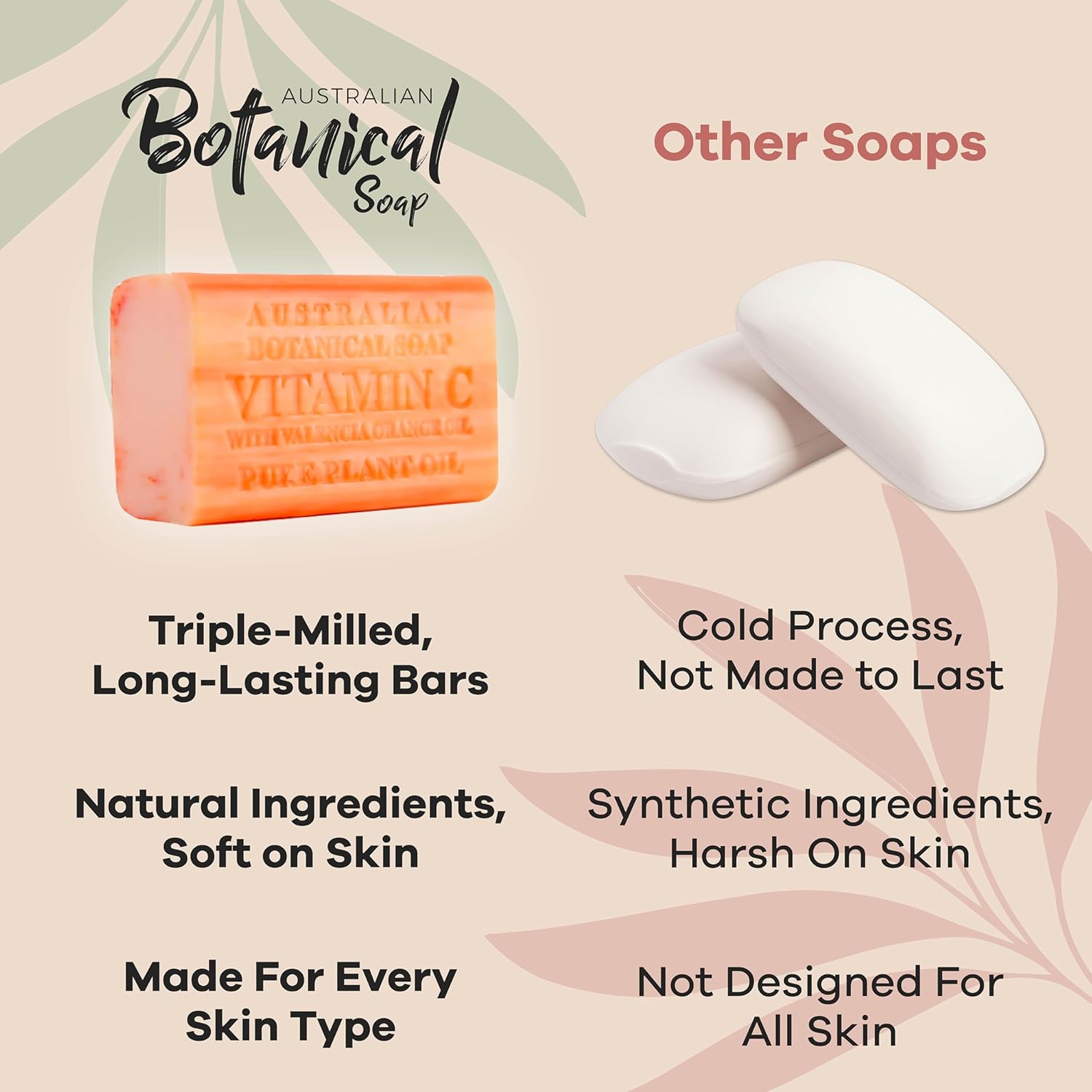 Australian Botanical Soap, Barra de jabón de vitamina C con naranja de valencia de 6.6 onzas (6.60 oz)  Jabón en barra de ingredientes naturales