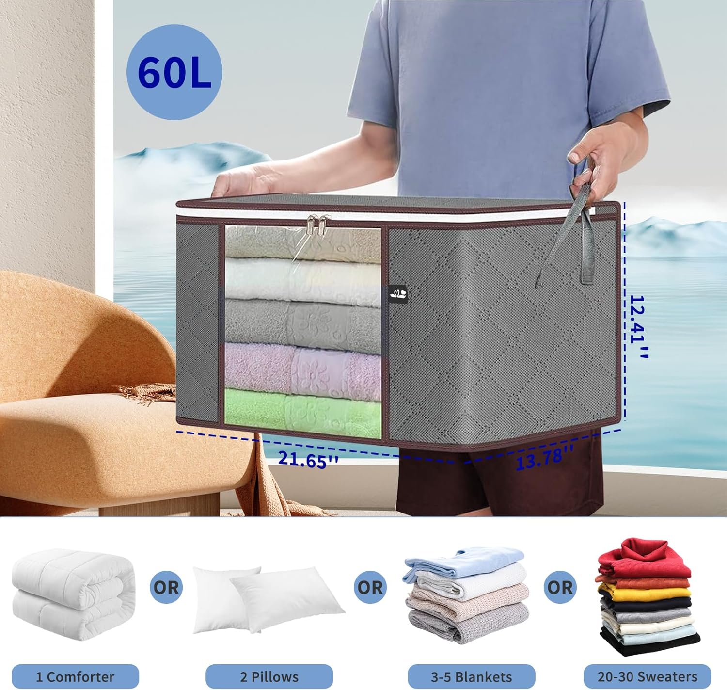 Bolsa de almacenamiento de 60 litros, paquete de 4 contenedores plegables de almacenamiento para mantas, contenedores grandes de almacenamiento de