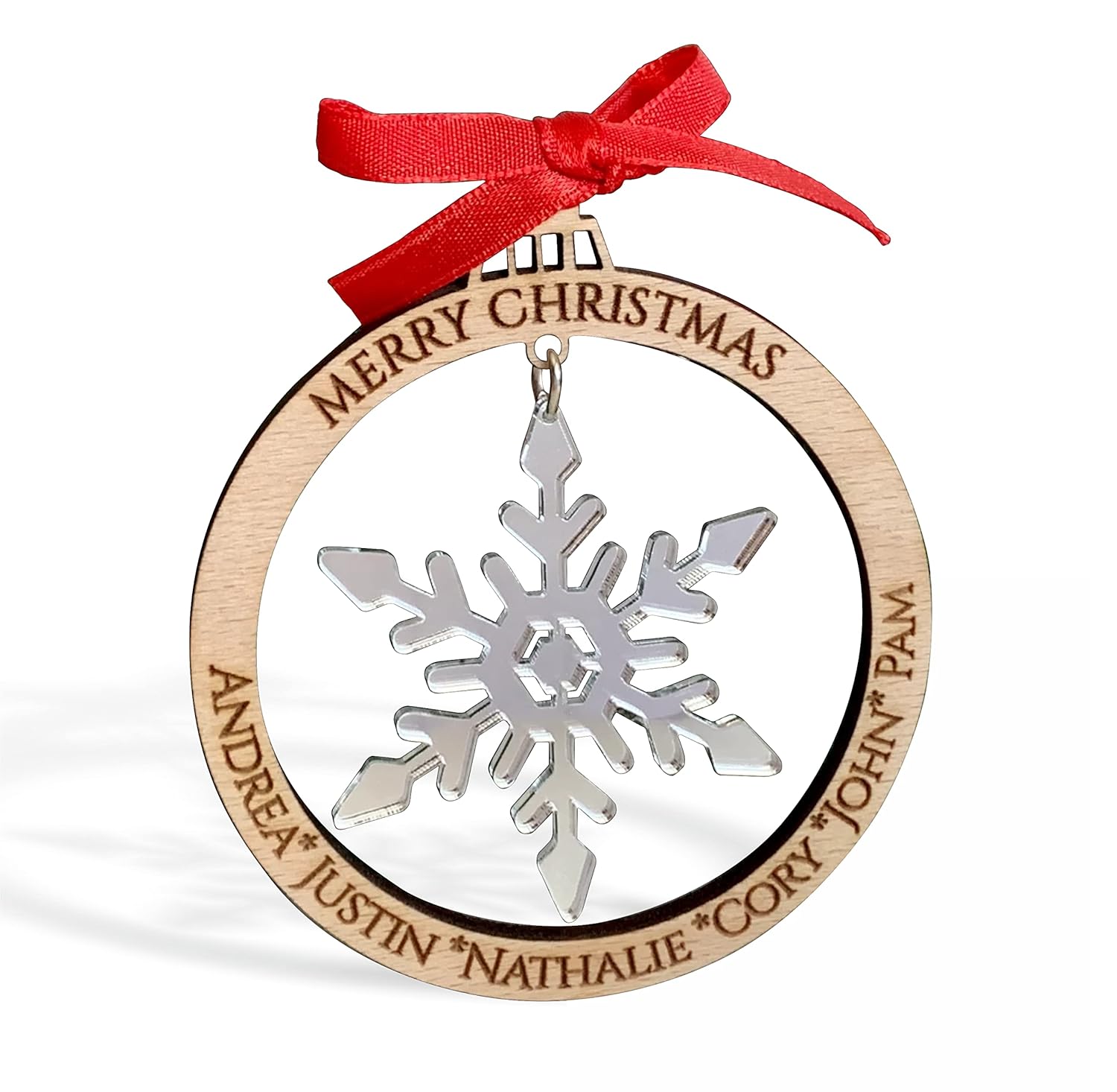 Personalized Christmas 2024 Tree Ornament, Custom Engraved Names, Family Members, Laser Cut Wood Bauble, Hanging Acrylic Snowflakes, Xmas Decor,