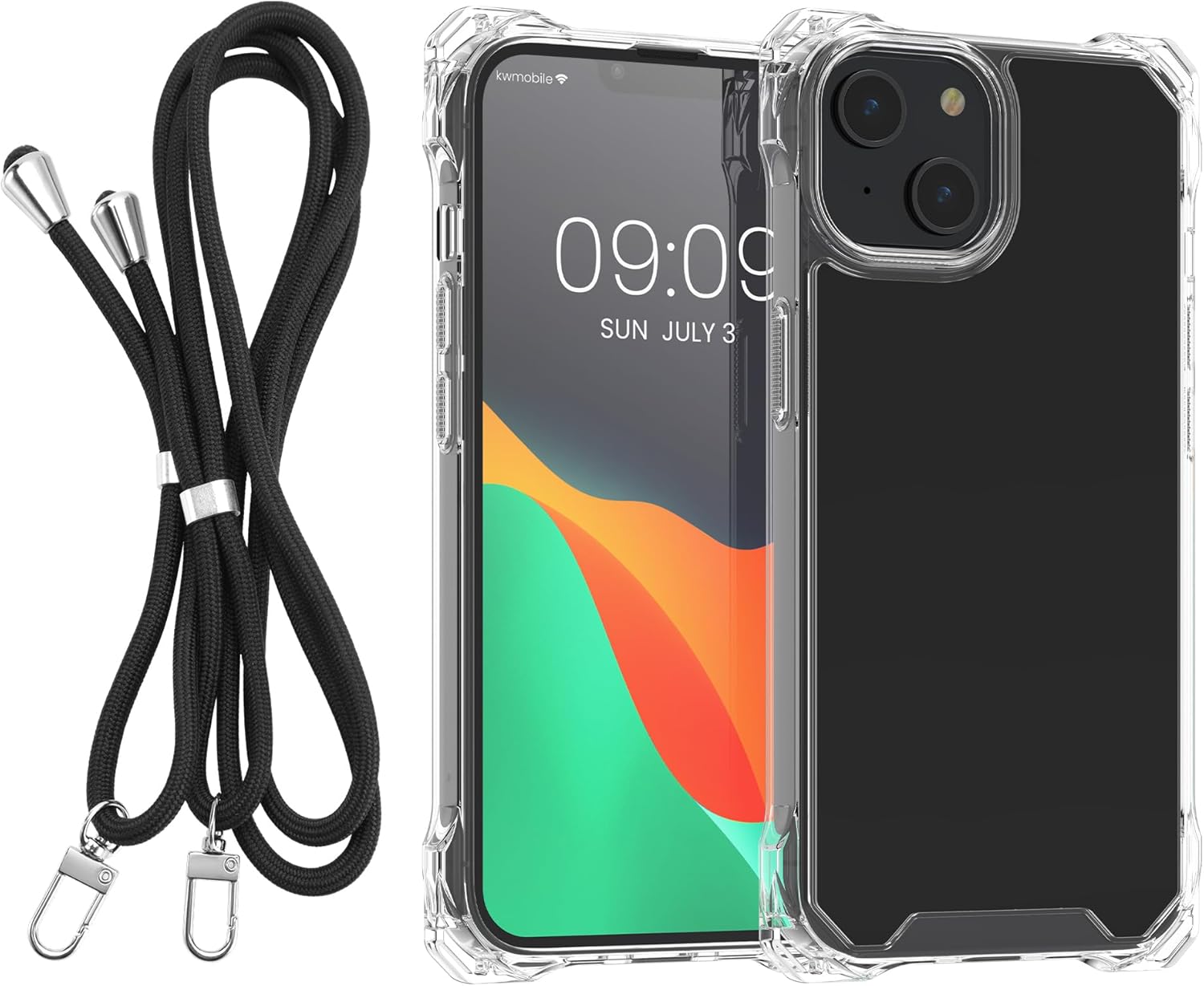 kwmobile Funda cruzada compatible con Apple iPhone 13  iPhone 14 – Funda de policarbonato  TPU con correa – transparentenegro