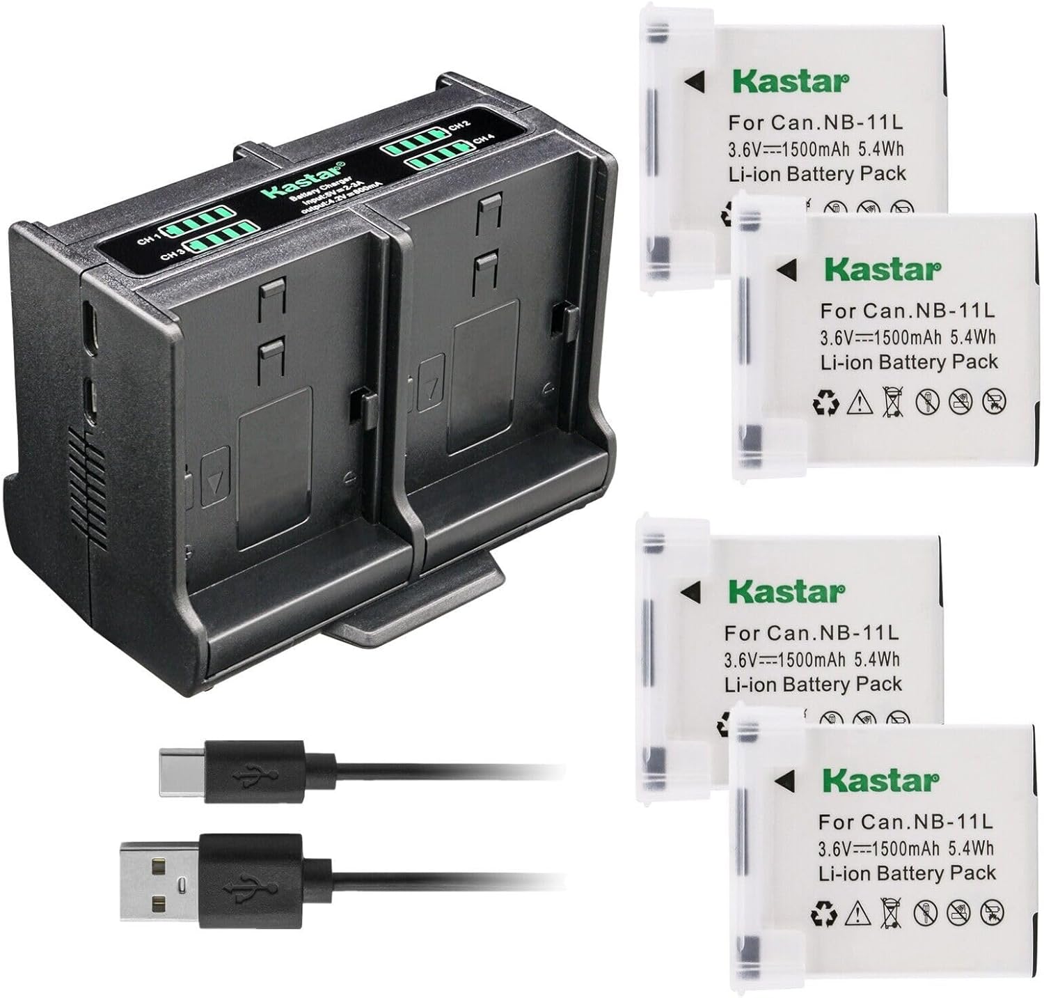 Kastar Paquete de 4 baterías NB-11L y cargador cuádruple compatible con Canon ELPH 170 is, ELPH 180, ELPH 190 is, ELPH 320 HS, ELPH 340 HS, ELPH 350