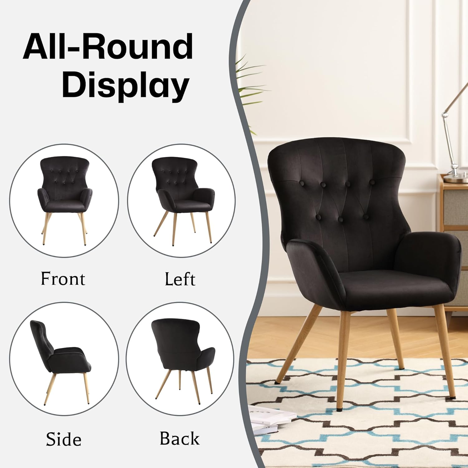 Silla decorativa de terciopelo, silla de lectura copetuda con botones con respaldo de ala alta grande, cómoda silla de tocador tapizada con patas de