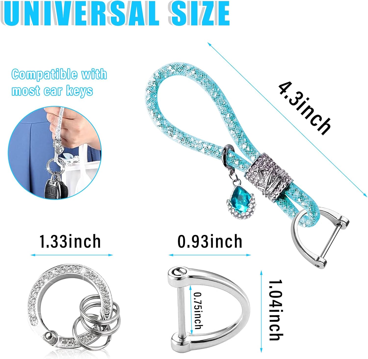 Ziciner Llavero de cristal brillante para mujeres y niñas, llavero de automóvil con purpurina, accesorios universales B-ling (azul claro)