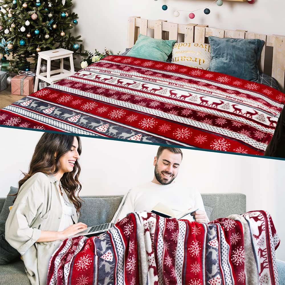 PAVILIA Manta de Navidad  Manta de forro polar con copos de nieve de renos de Navidad  Suave, afelpada, cálida manta de invierno para cabaña,