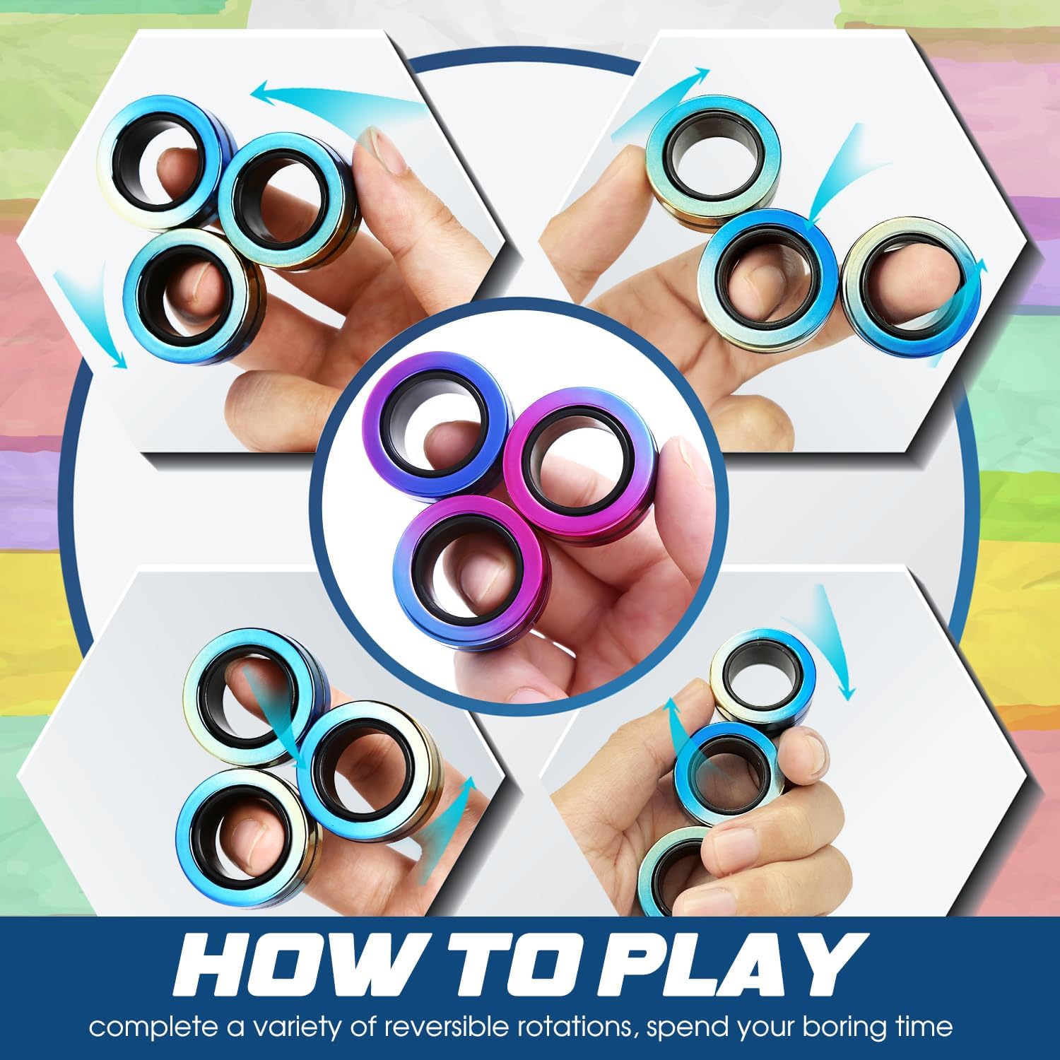 Aveloki Juego de 3 anillos magnéticos para ansiedad, juguetes para aliviar el estrés para TDAH, ansiedad, adultos, adolescentes y niños