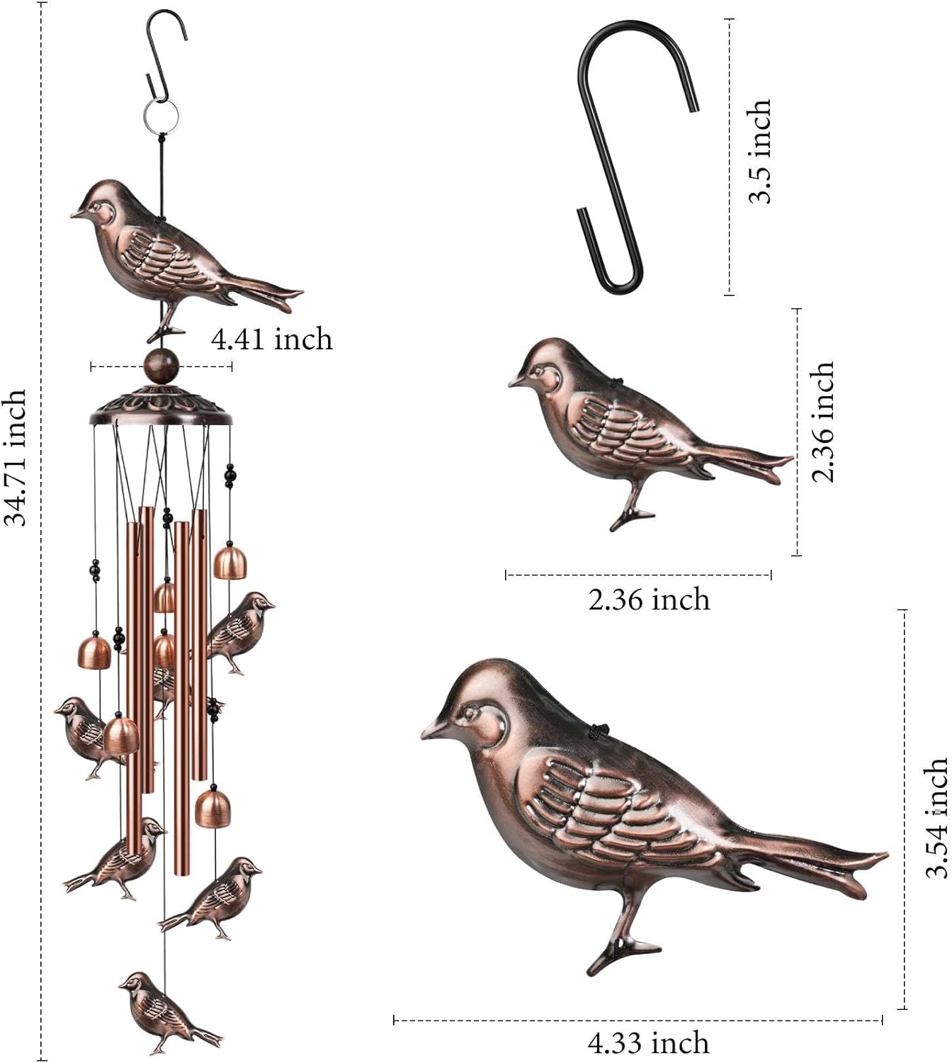 Campanillas de viento de pájaros para exteriores, campanas de viento decorativas con 4 tubos de aluminio para colgar, campanas de viento