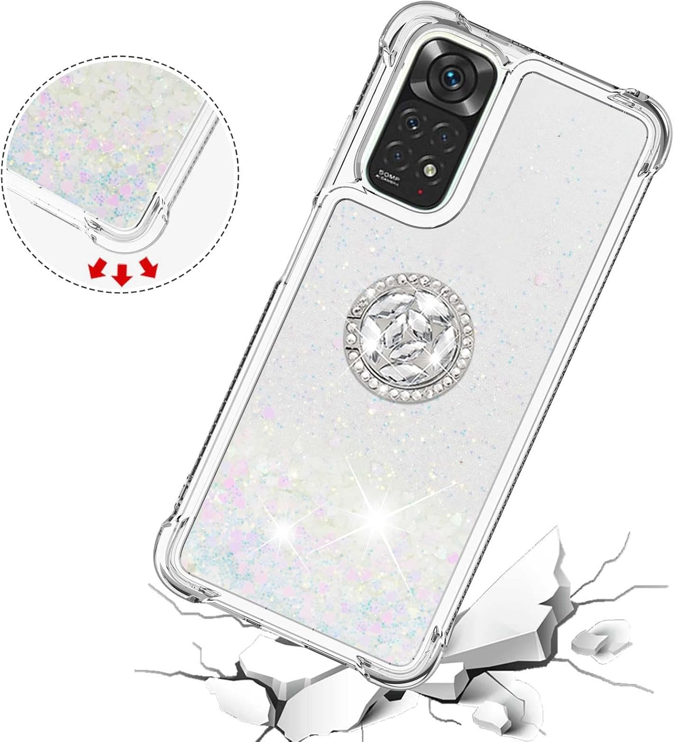 CCSmall Funda con purpurina para Xiaomi Redmi Note 11 4G con soporte para anillo, Bling Sparkle Flotante Líquido Suave TPU Cojín Moda Transparente