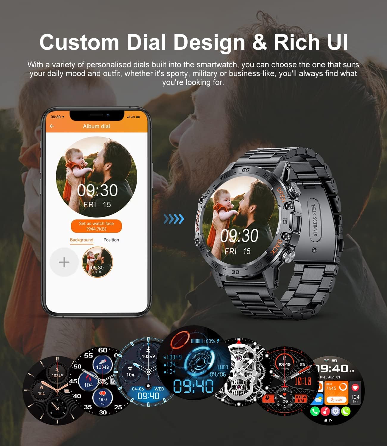 Reloj inteligente militar para hombre, batería larga de 400 mAh, reloj inteligente resistente con llamada Bluetooth, rastreador de actividad física