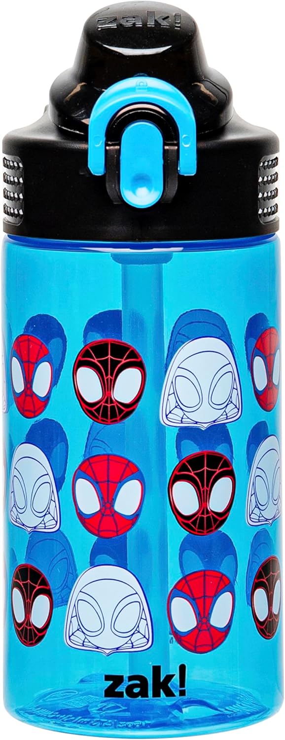 Zak Designs Sage Spider-Man Marvel Botella de agua para niños, escuela o viajes, plástico duradero, 16onzas, con popote, asa, tapa, boquilla