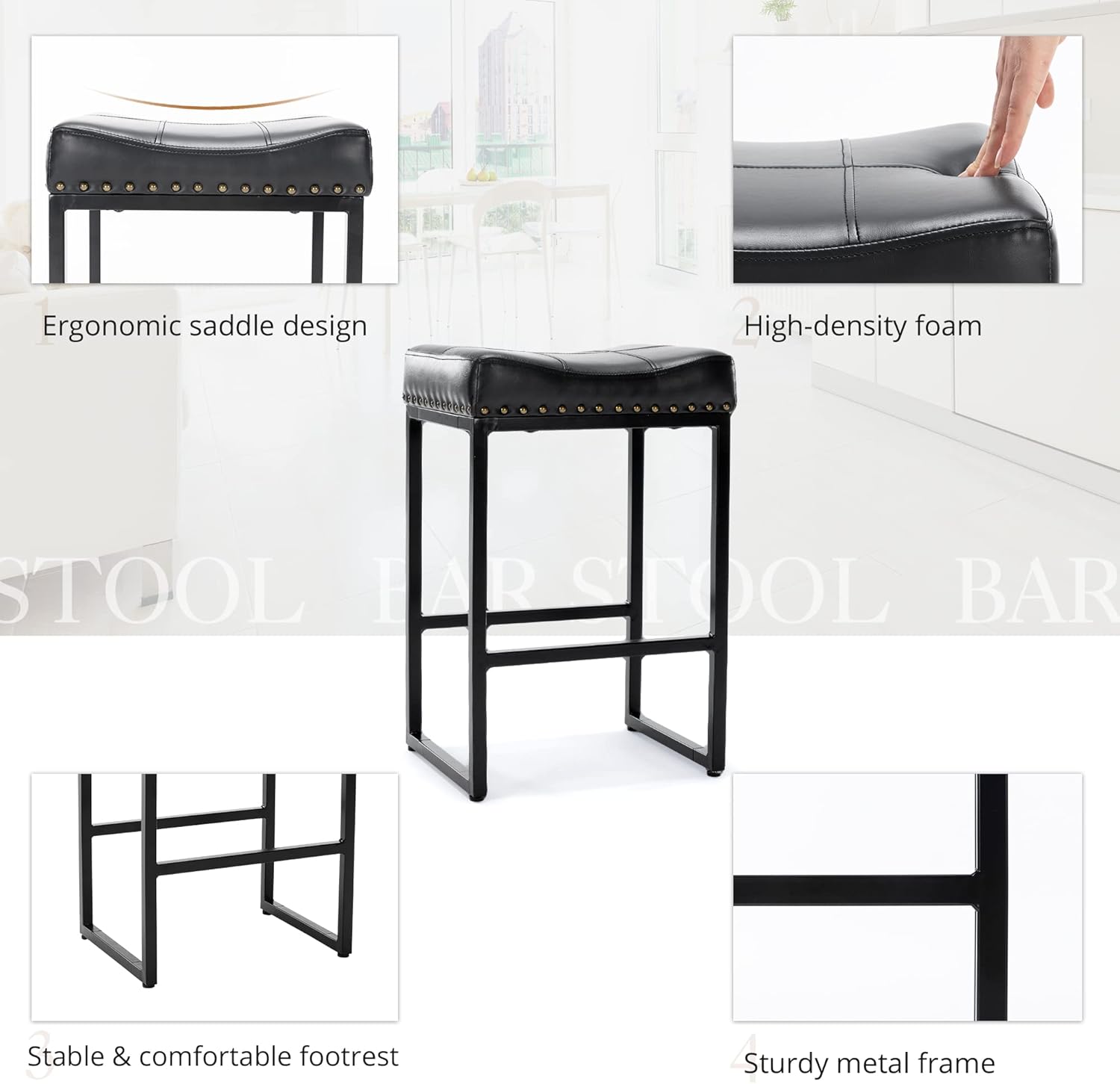LUE BONA Taburetes de bar ergonómicos cuadrados de 24 pulgadas, juego de 3, moderno taburete de cuero sintético sin espalda con patas de metal negro