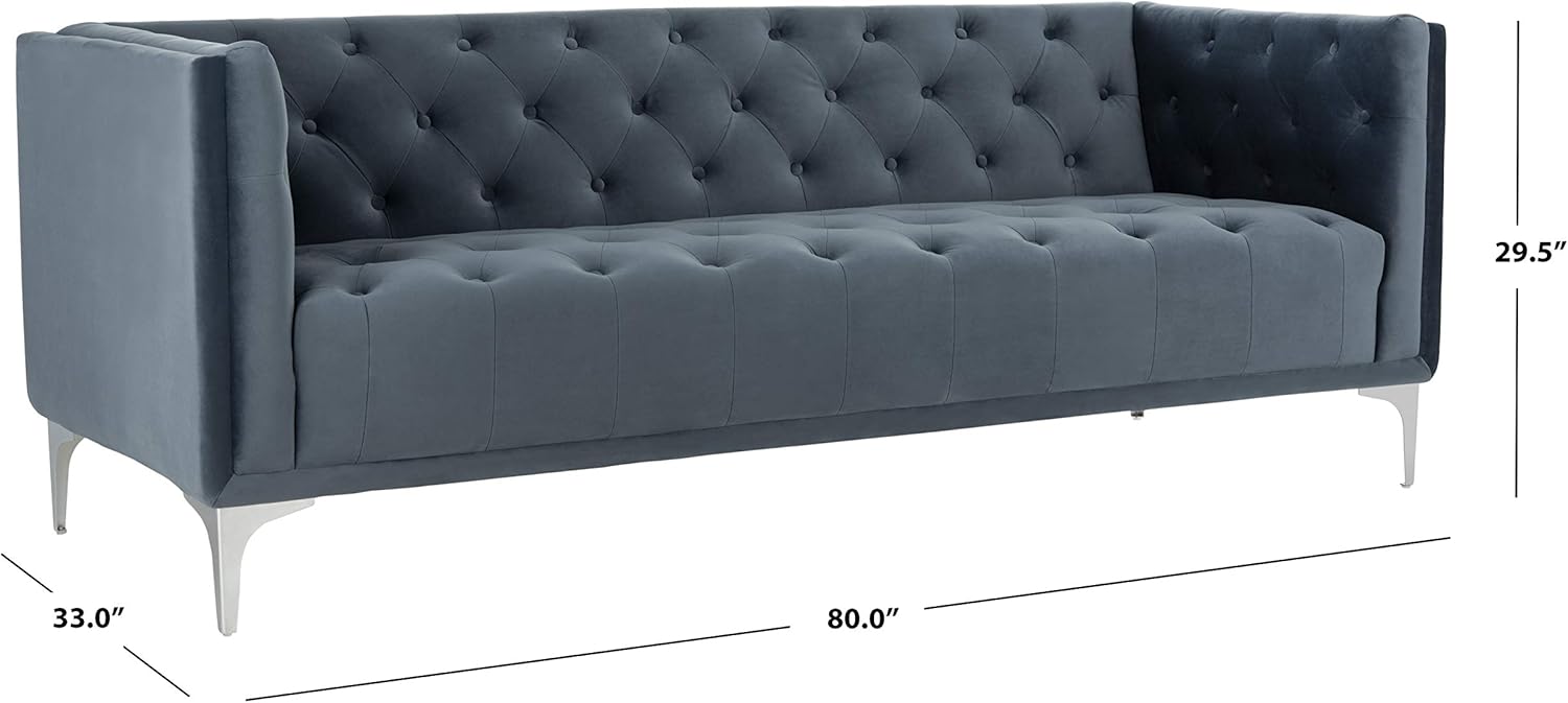Safavieh Couture Home Florentino Glam – Sofá copetudo azul polvoriento y dorado